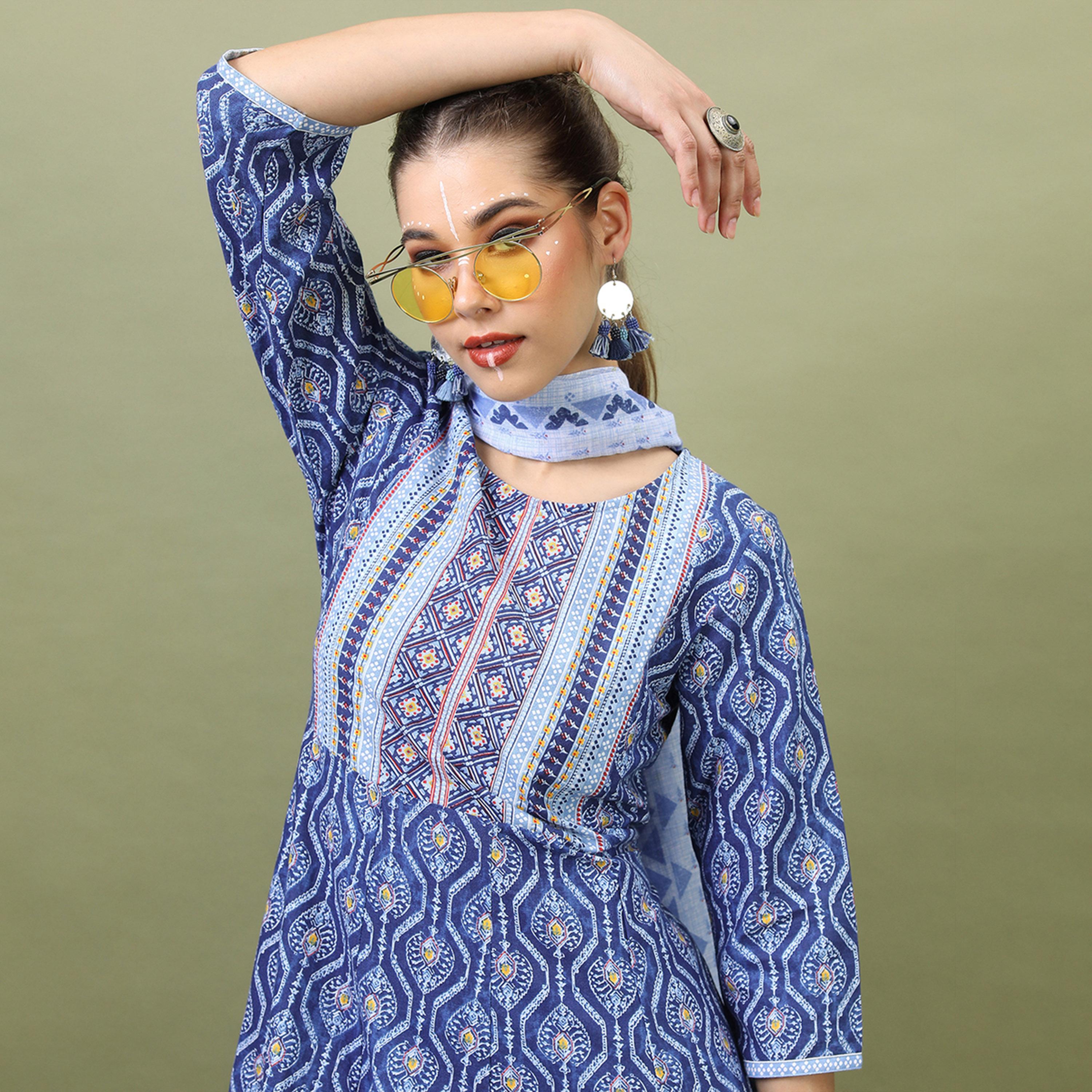 Vishudh X Styli Women Navy Blue Ethnic Motifs Printed Pleated Pure Cotton Kurta with Palazzos & Dupatta-women-clothing-ethnicwear-sareesets-image-2