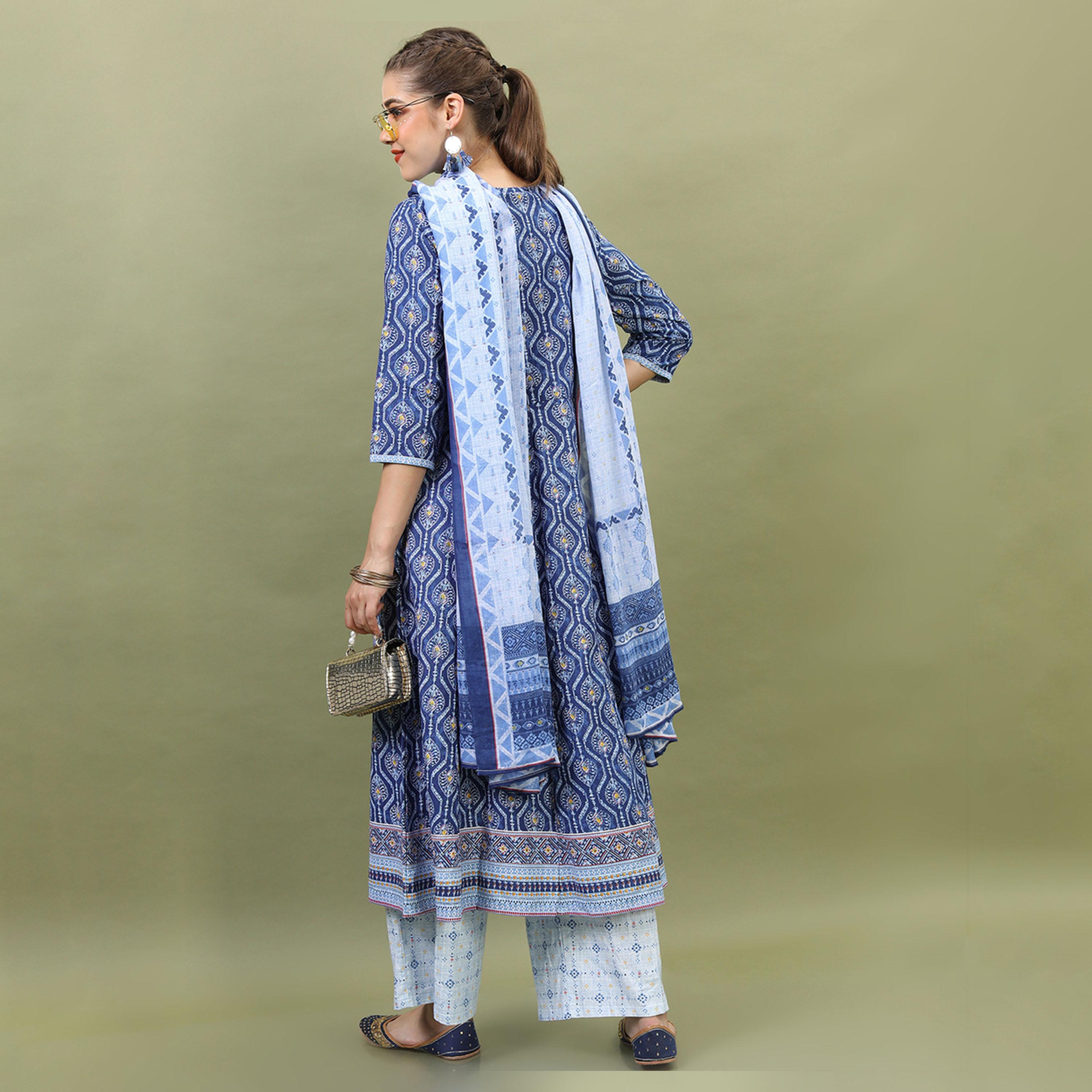 Vishudh X Styli Women Navy Blue Ethnic Motifs Printed Pleated Pure Cotton Kurta with Palazzos & Dupatta-women-clothing-ethnicwear-sareesets-image-3