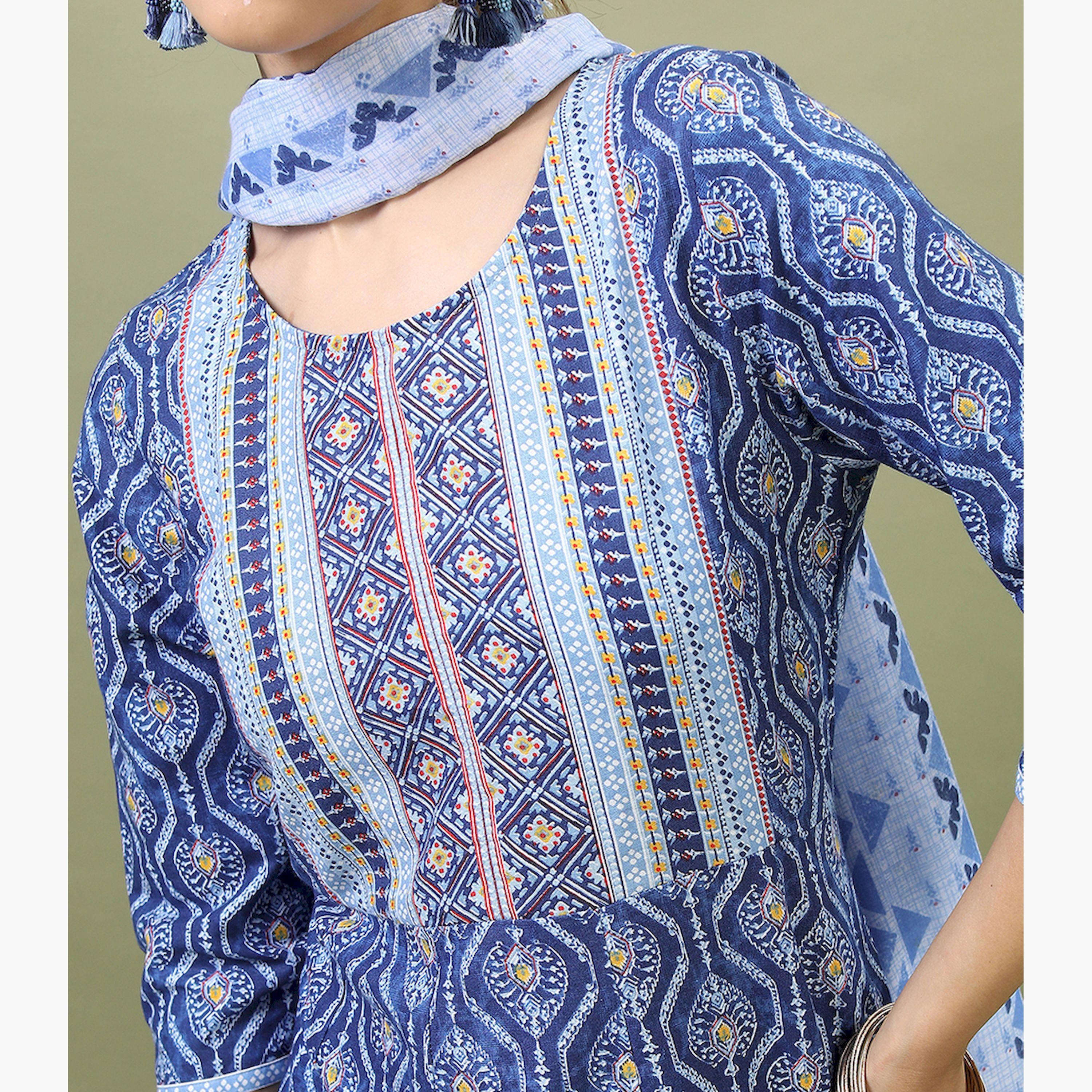 Vishudh X Styli Women Navy Blue Ethnic Motifs Printed Pleated Pure Cotton Kurta with Palazzos & Dupatta-women-clothing-ethnicwear-sareesets-image-4