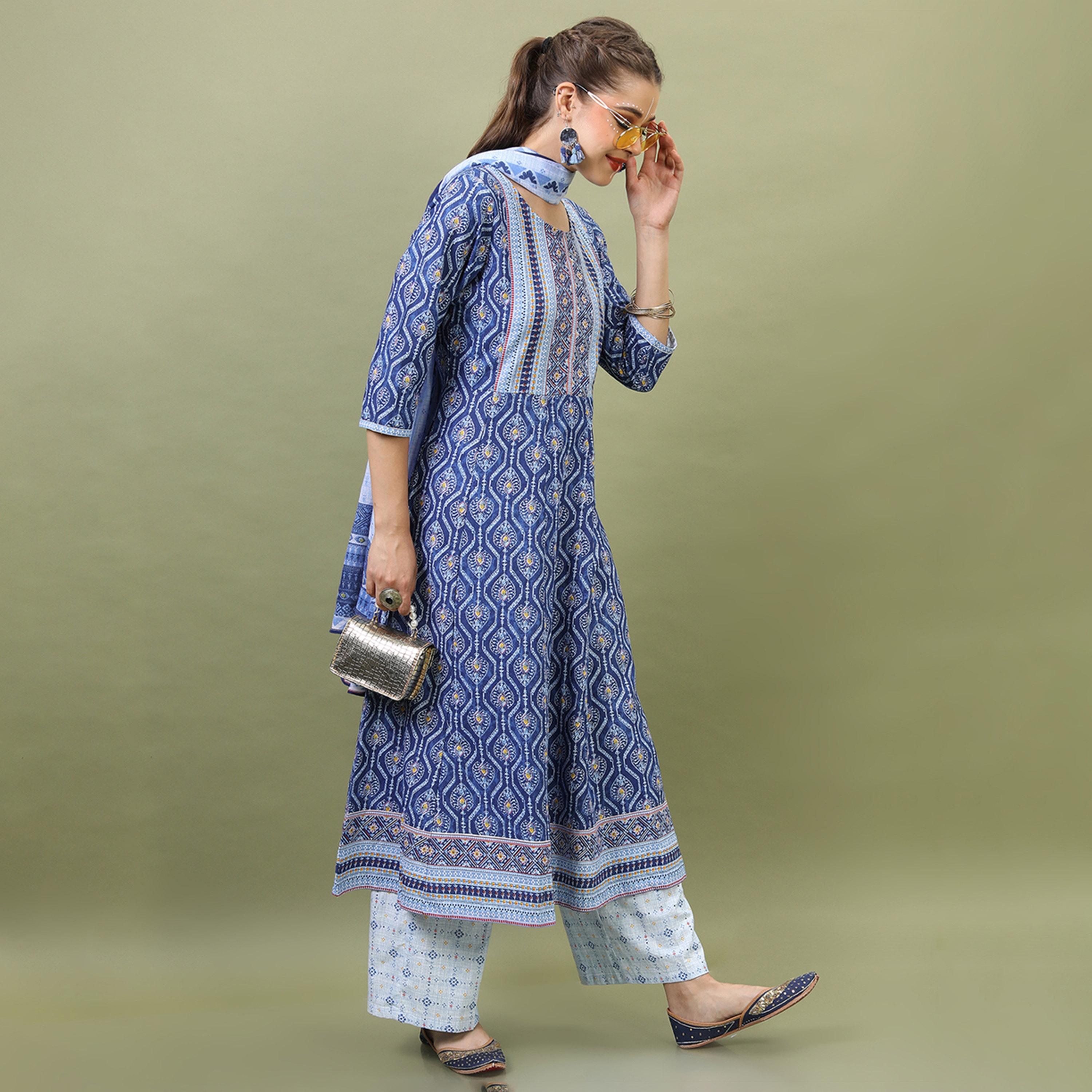 Vishudh X Styli Women Navy Blue Ethnic Motifs Printed Pleated Pure Cotton Kurta with Palazzos & Dupatta-women-clothing-ethnicwear-sareesets-image-5