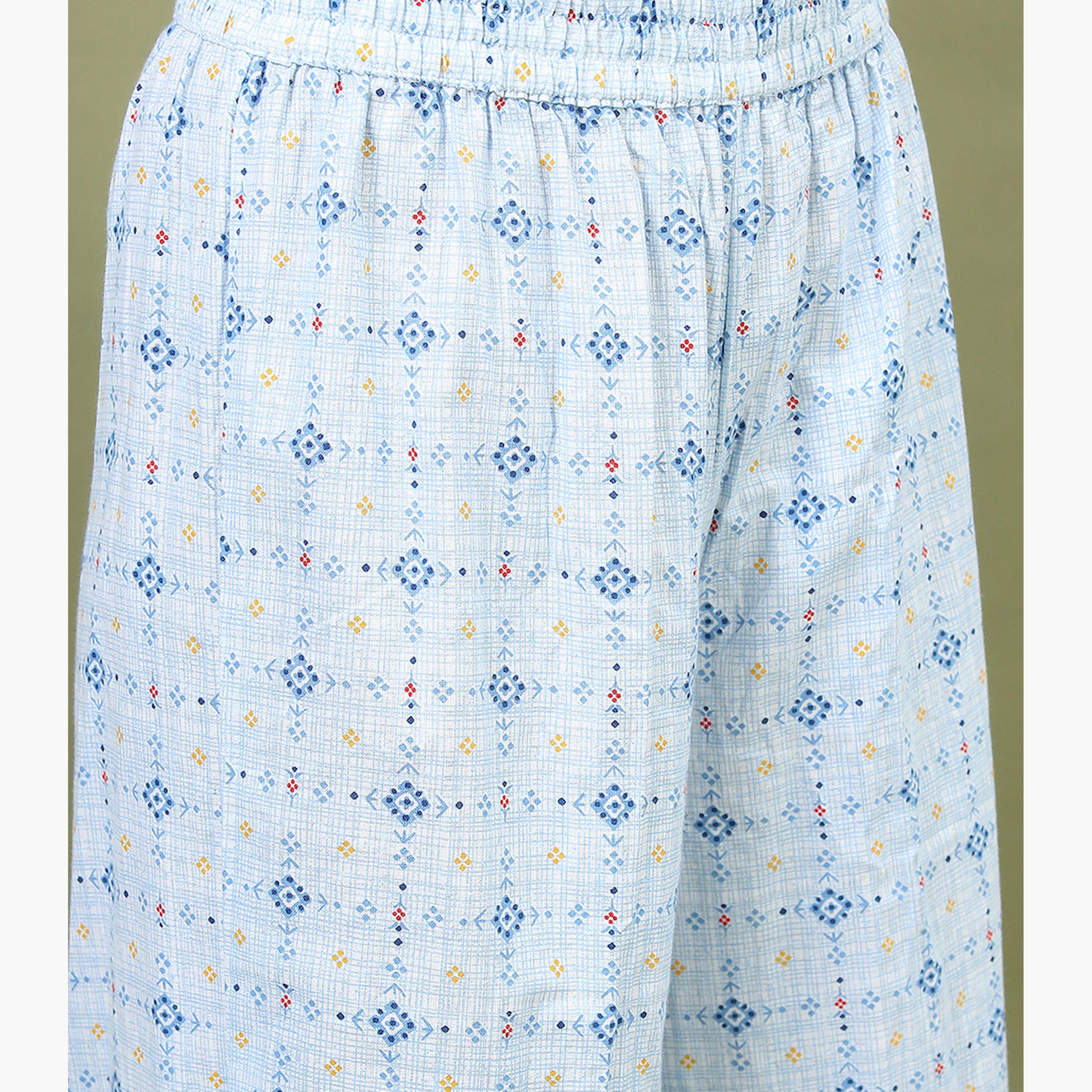 Vishudh X Styli Women Navy Blue Ethnic Motifs Printed Pleated Pure Cotton Kurta with Palazzos & Dupatta-women-clothing-ethnicwear-sareesets-image-6