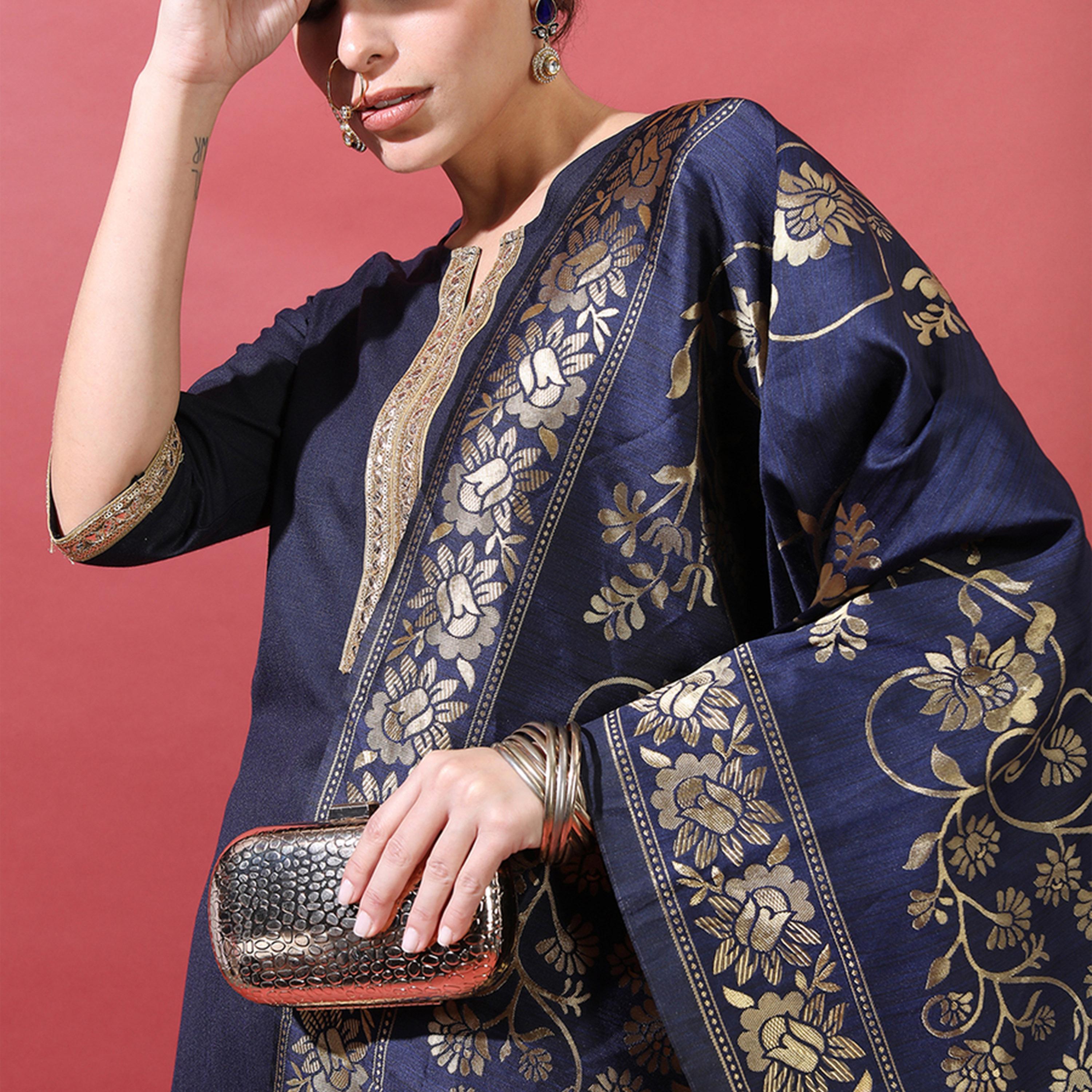 فيشود × ستايلي - كورتا نسائية باللون الكحلي بزخارف عرقية مع بنطال ووشاح-women-clothing-ethnicwear-sareesets-image-2