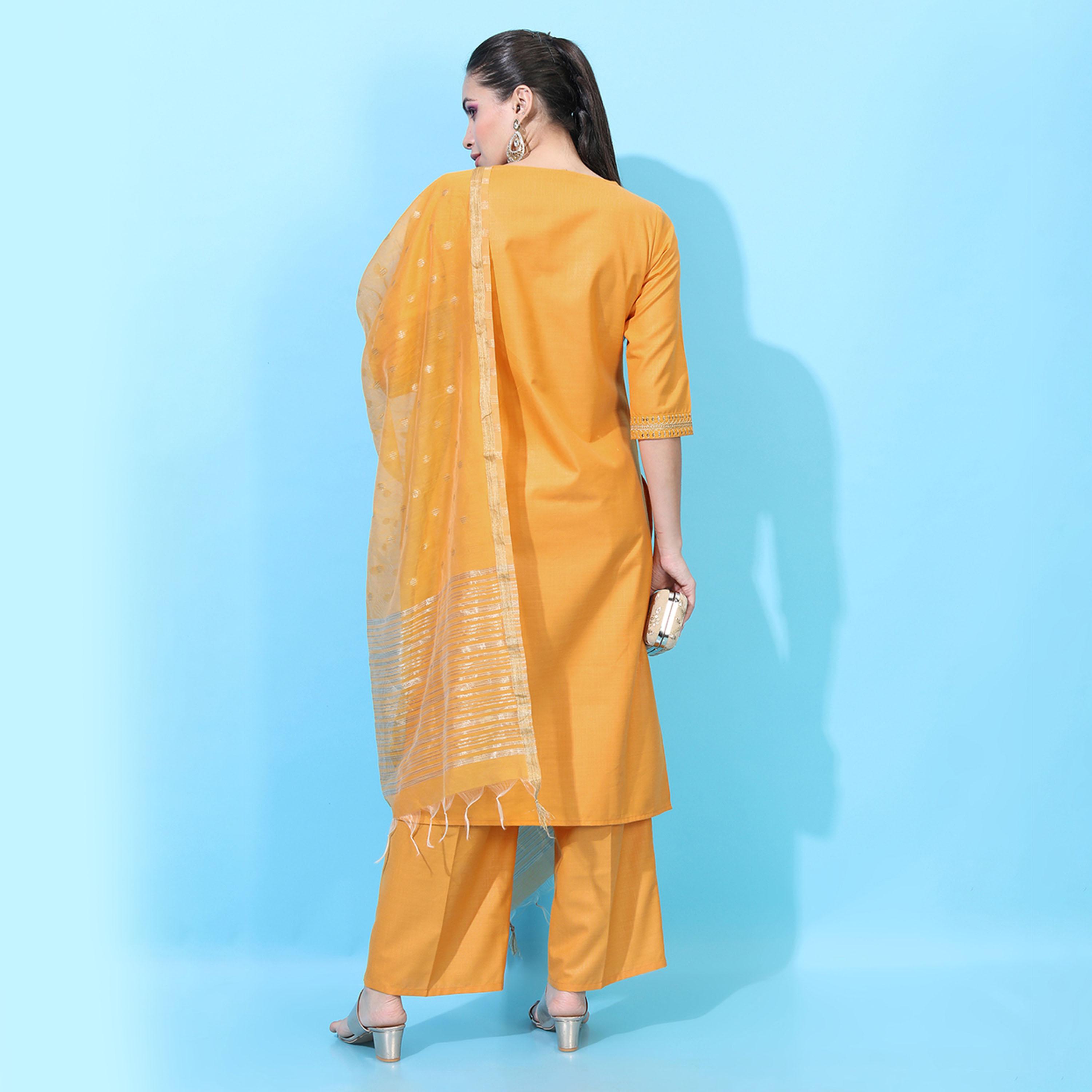 فيشود × ستايلي - كورتا نسائية مطرزة مع بنطال ووشاح - أصفر-women-clothing-ethnicwear-sareesets-image-3