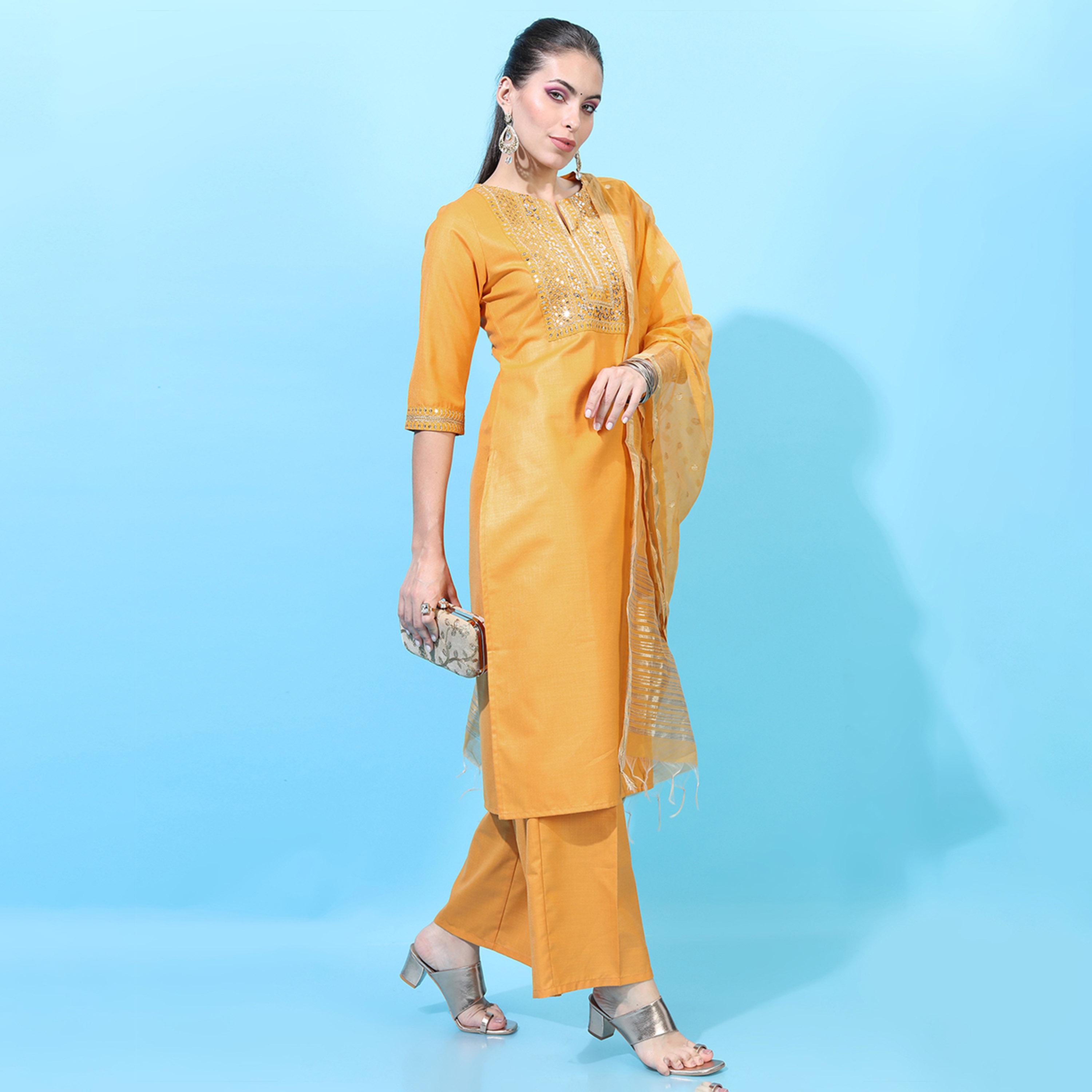 فيشود × ستايلي - كورتا نسائية مطرزة مع بنطال ووشاح - أصفر-women-clothing-ethnicwear-sareesets-image-5