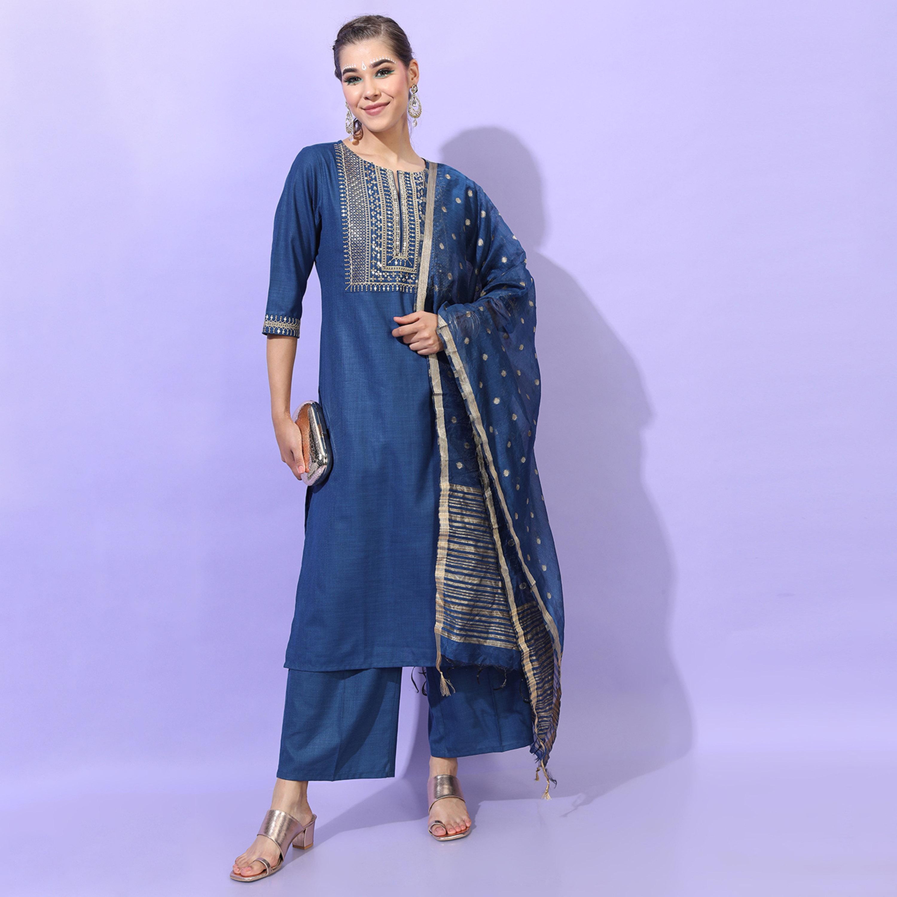 فيشود × ستايلي - كورتي نسائي متعدد الطبقات مع بنطال ووشاح - أزرق مخضر-women-clothing-ethnicwear-sareesets-image-1