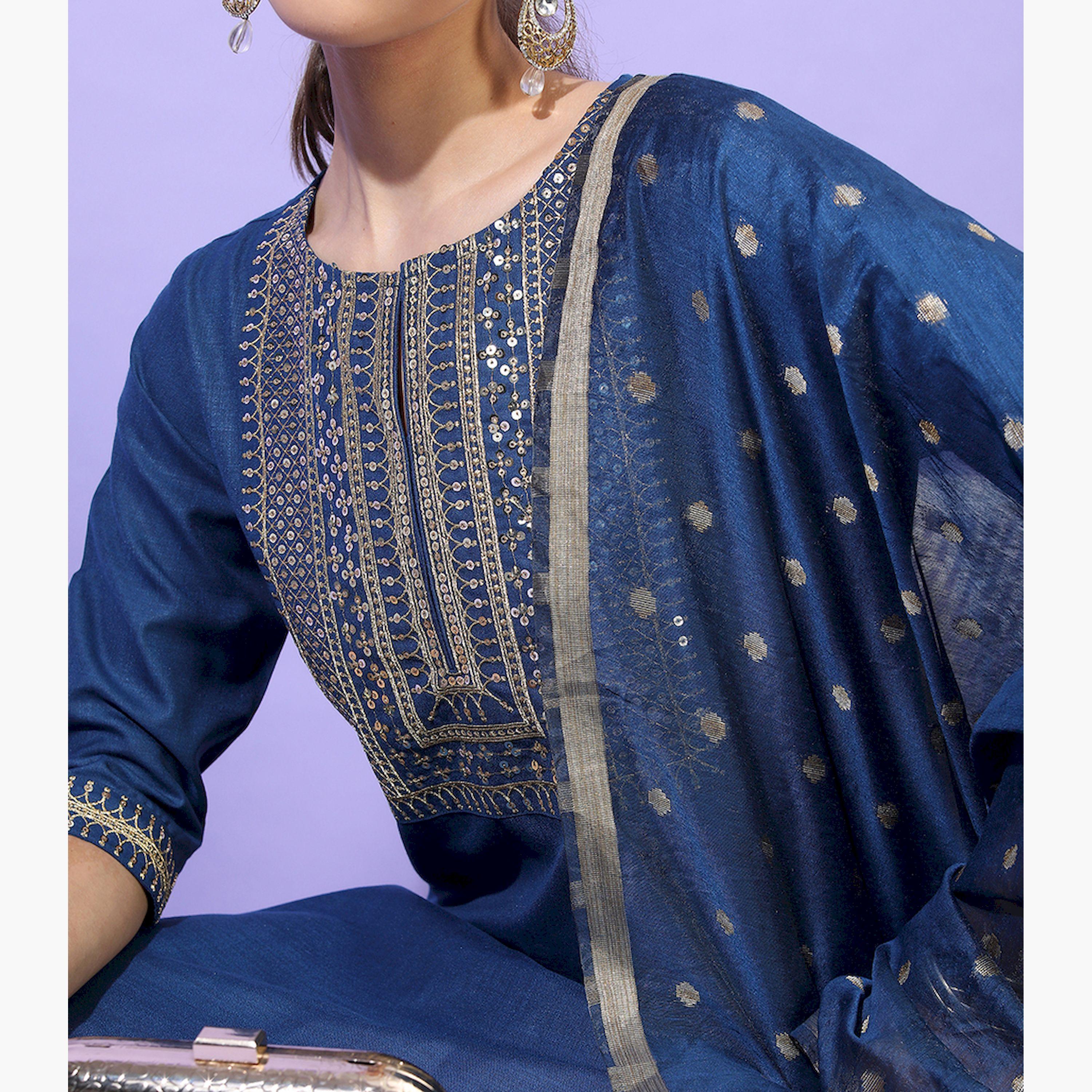 فيشود × ستايلي - كورتي نسائي متعدد الطبقات مع بنطال ووشاح - أزرق مخضر-women-clothing-ethnicwear-sareesets-image-4