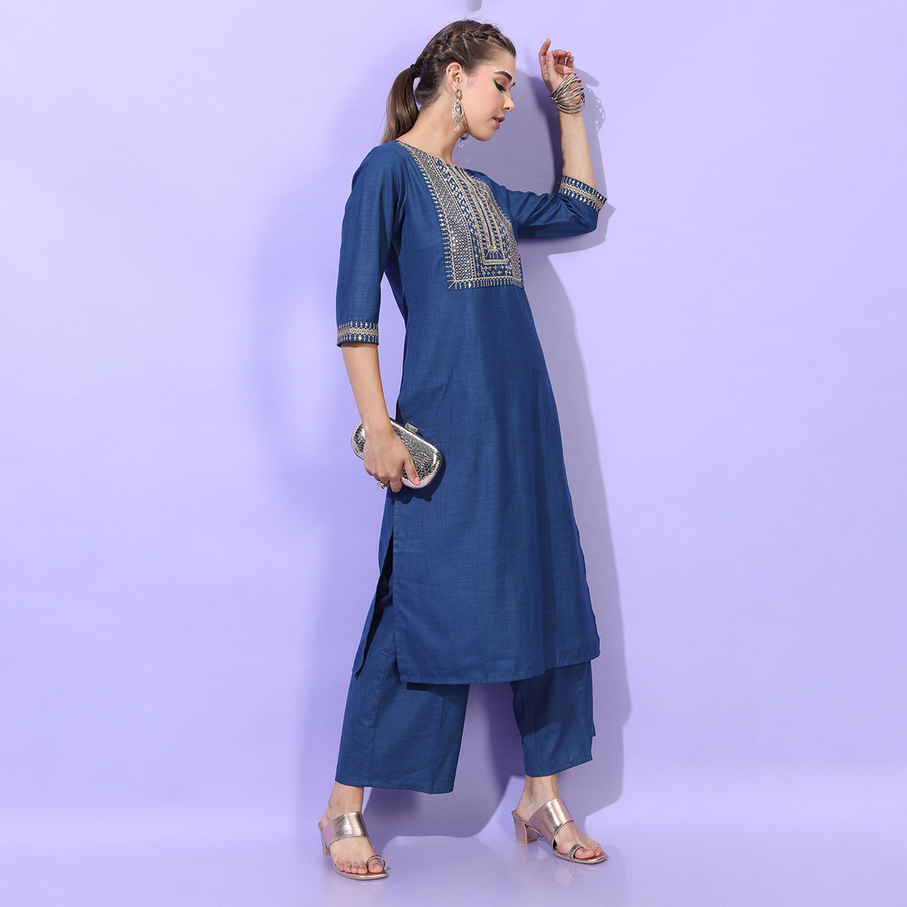 فيشود × ستايلي - كورتي نسائي متعدد الطبقات مع بنطال ووشاح - أزرق مخضر-women-clothing-ethnicwear-sareesets-image-5