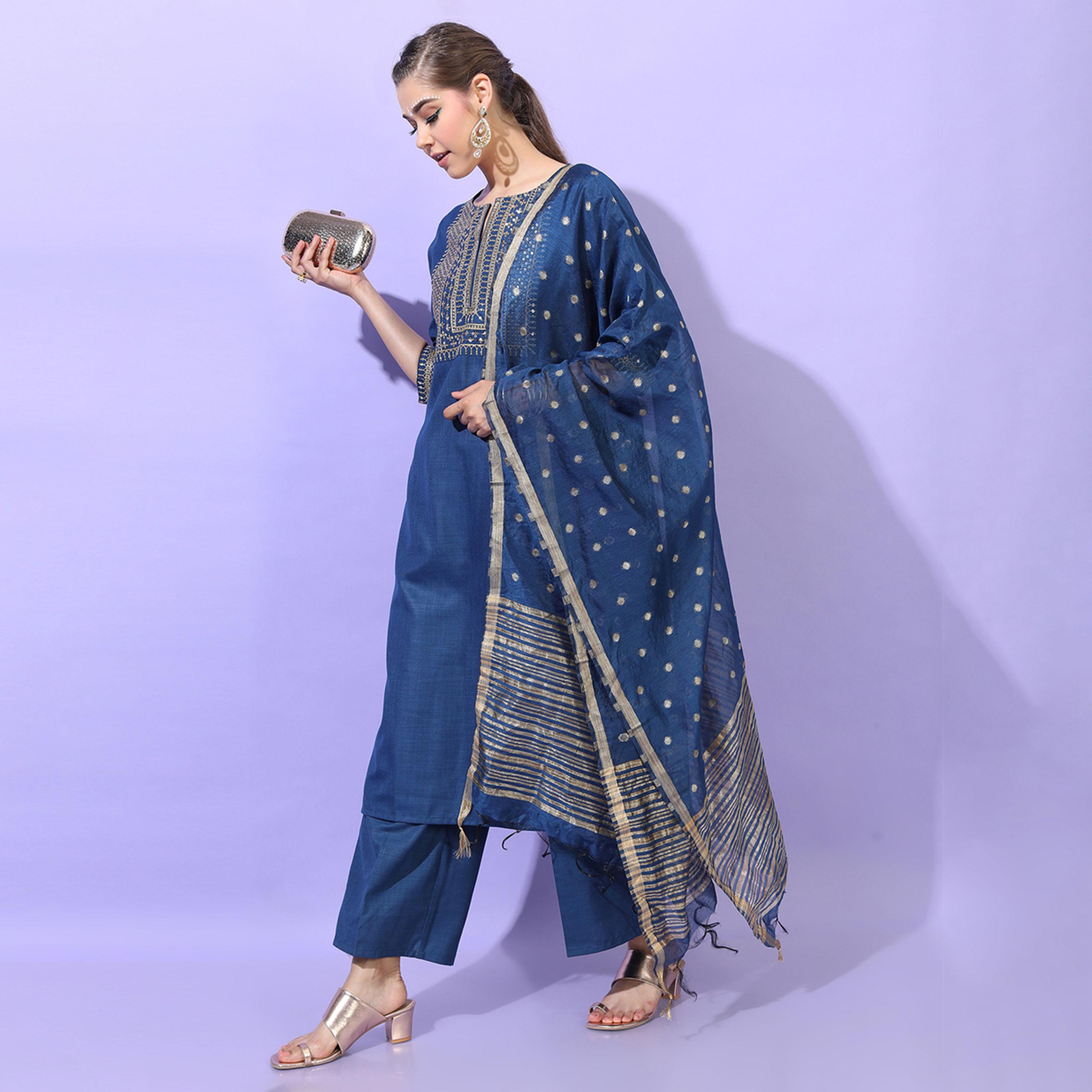 فيشود × ستايلي - كورتي نسائي متعدد الطبقات مع بنطال ووشاح - أزرق مخضر-women-clothing-ethnicwear-sareesets-image-6