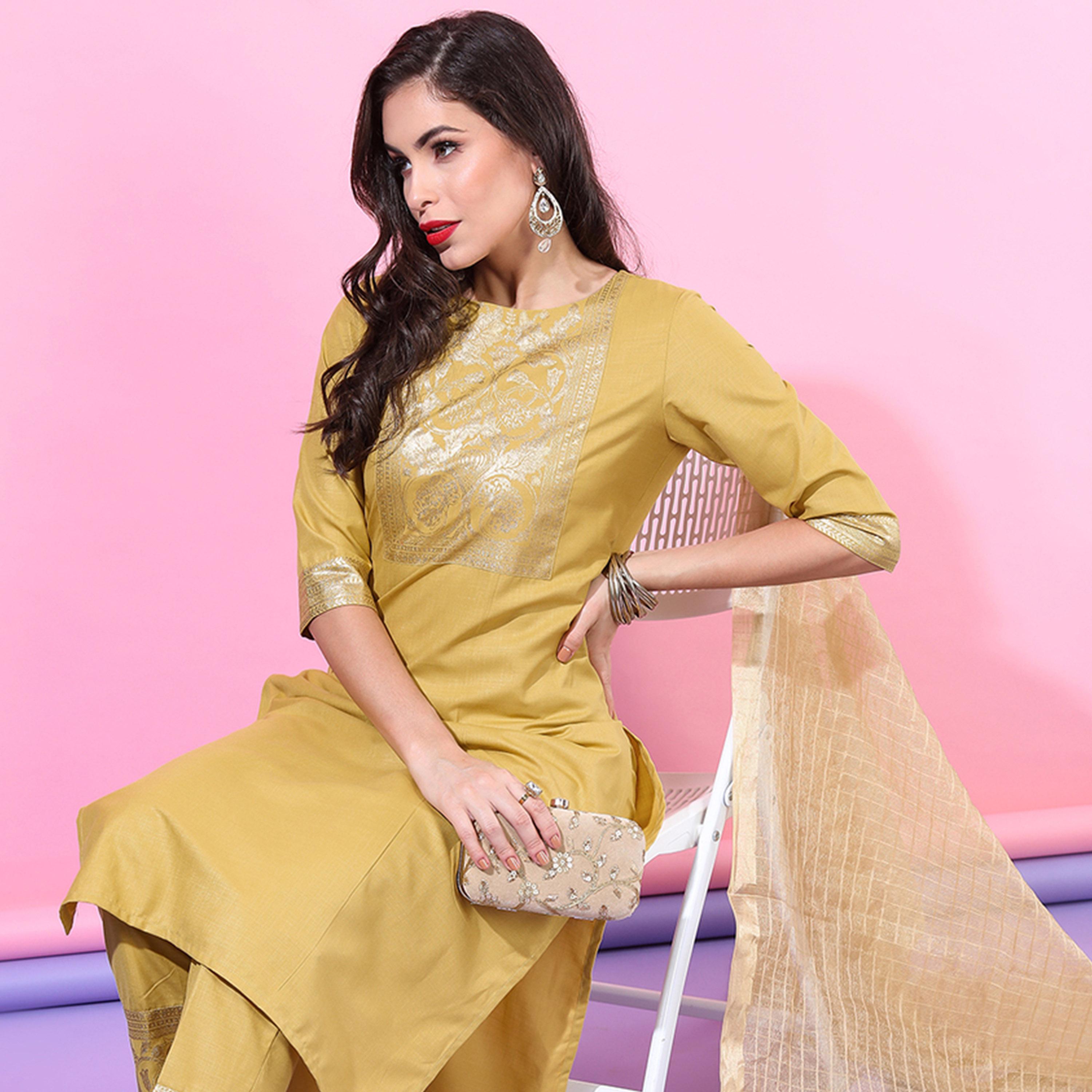 فيشود × ستايلي - كورتا نسائية مستقيمة مع بنطال ووشاح - أصفر-women-clothing-ethnicwear-sareesets-image-1