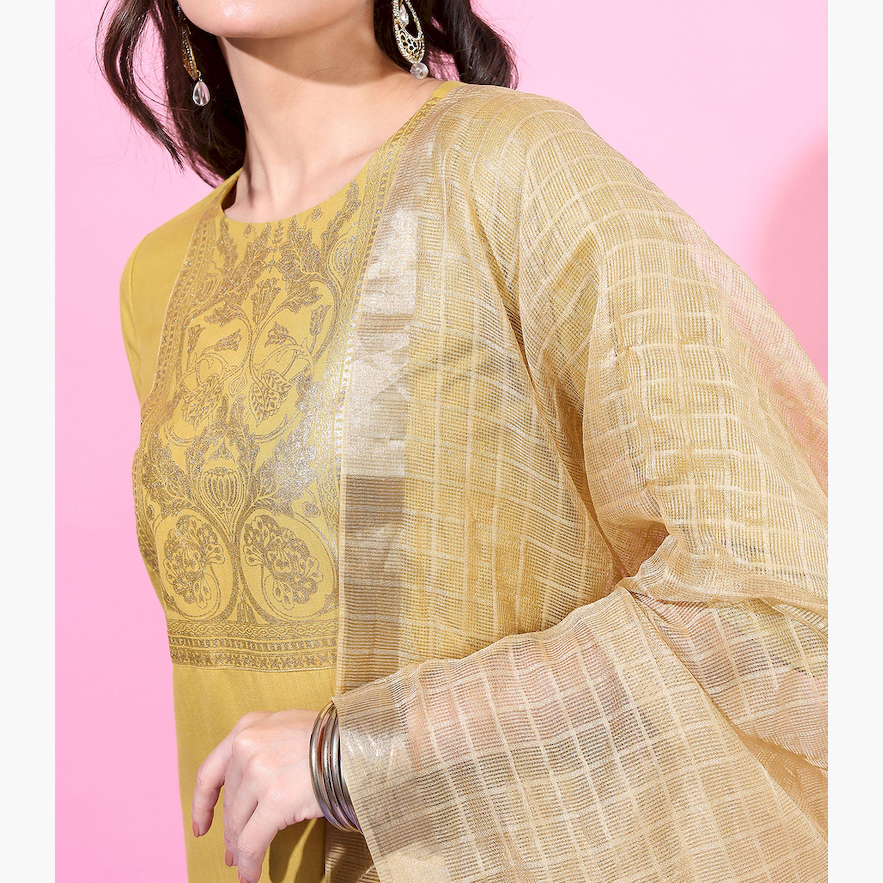 Vishudh X Styli Women Yellow Straight Kurta with Trousers & Dupatta-women-clothing-ethnicwear-sareesets-image-4