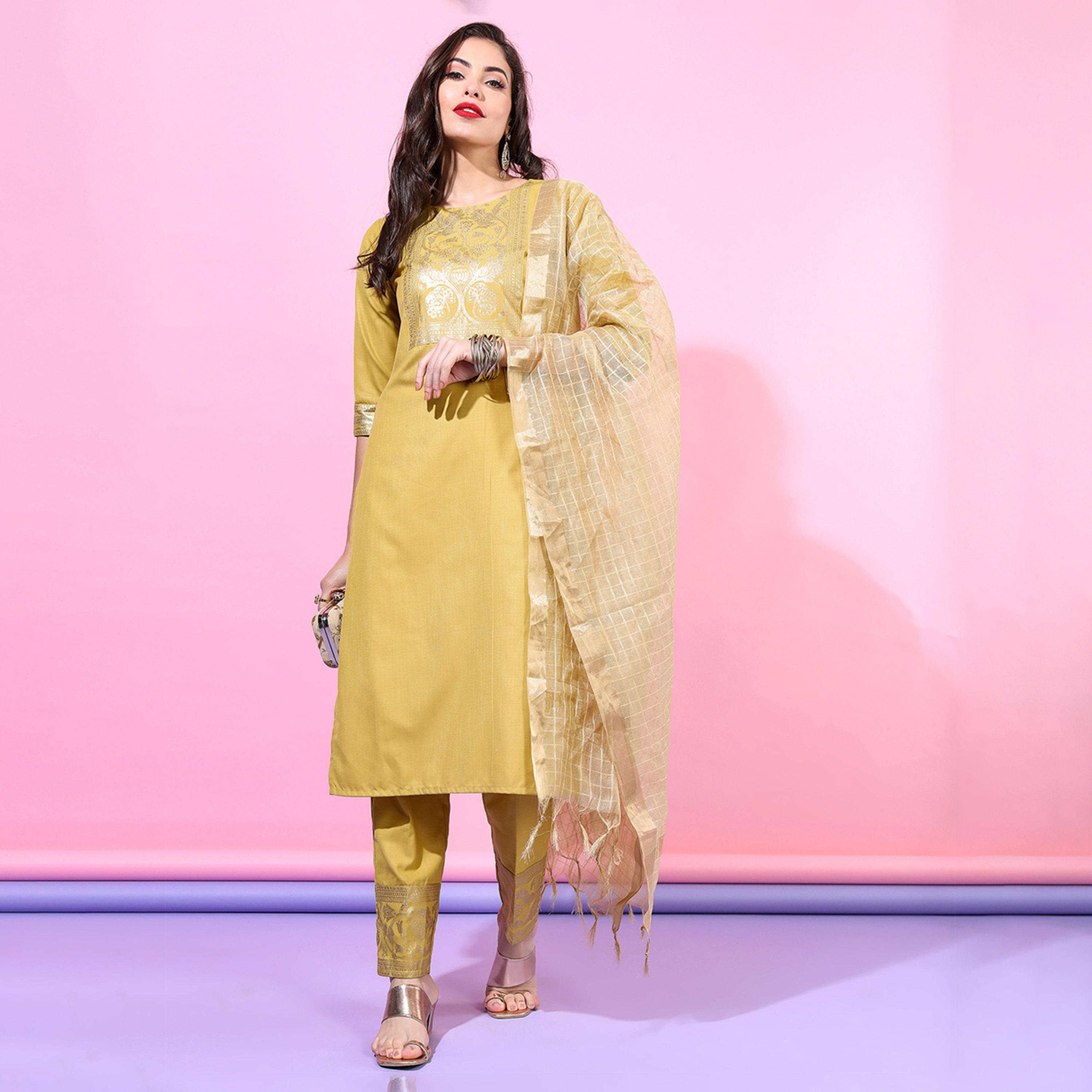 فيشود × ستايلي - كورتا نسائية مستقيمة مع بنطال ووشاح - أصفر-women-clothing-ethnicwear-sareesets-image-5