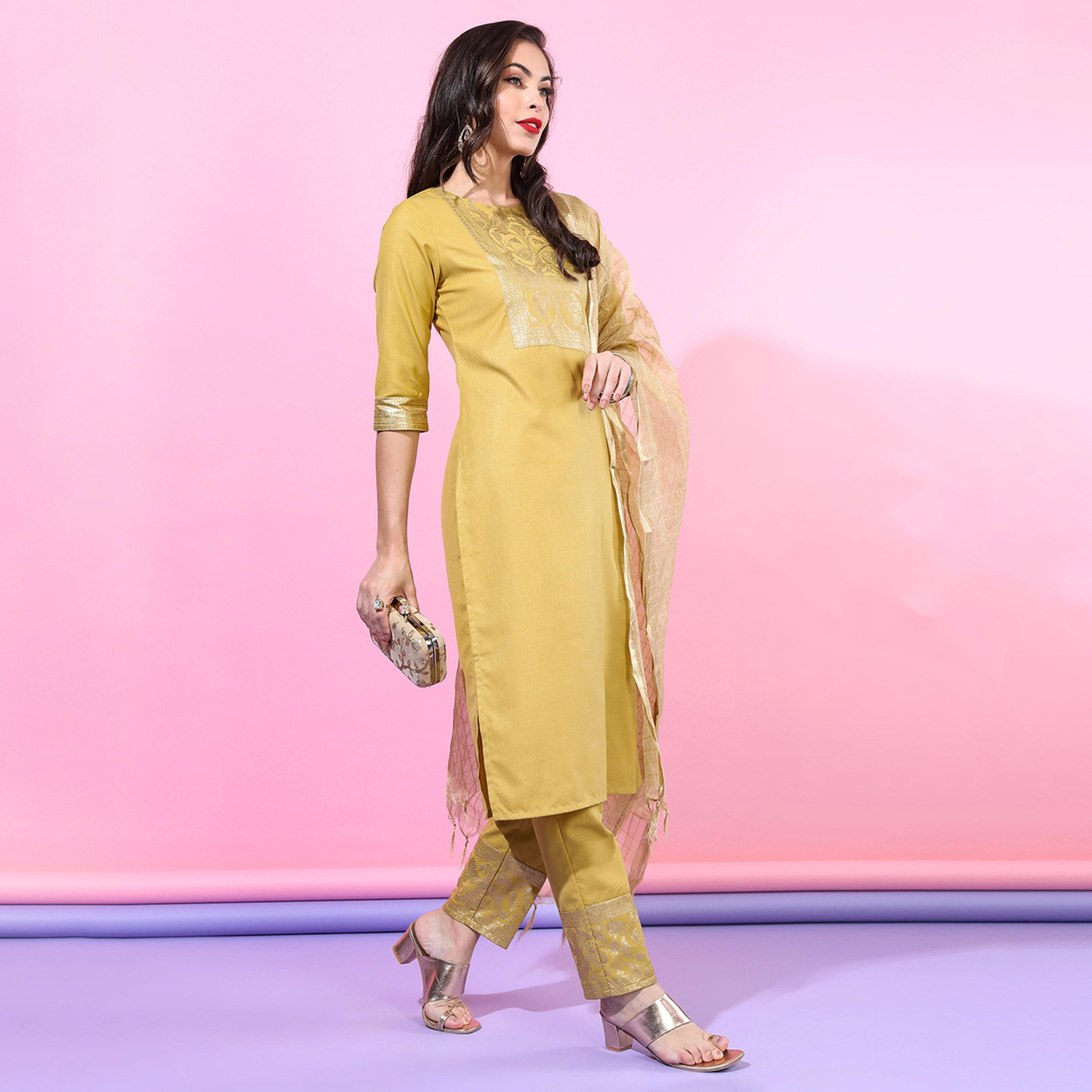 فيشود × ستايلي - كورتا نسائية مستقيمة مع بنطال ووشاح - أصفر-women-clothing-ethnicwear-sareesets-image-6