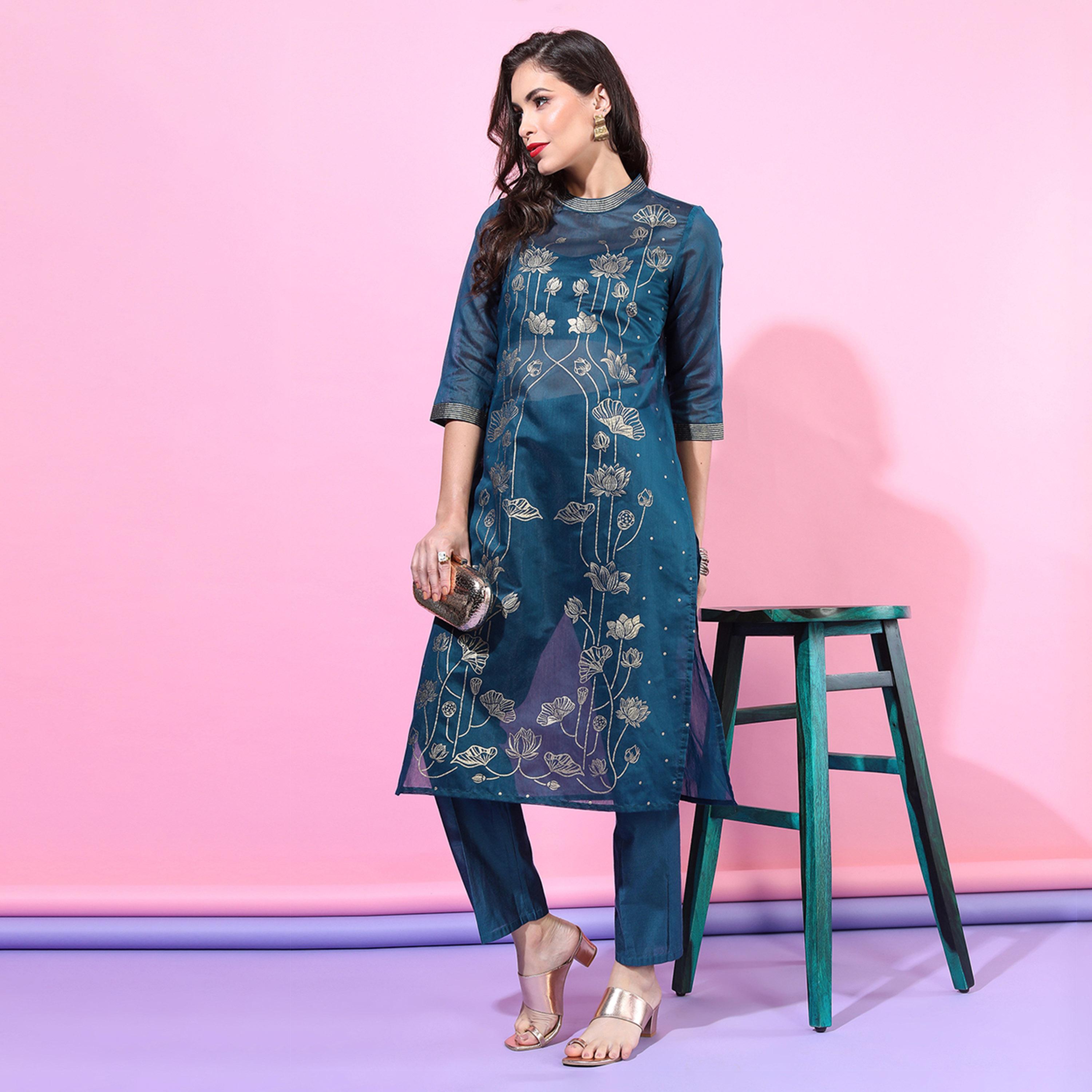 Vishudh X Styli Women Teal Floral Printed Kurta with inner & Dupatta-women-clothing-ethnicwear-sareesets-image-1