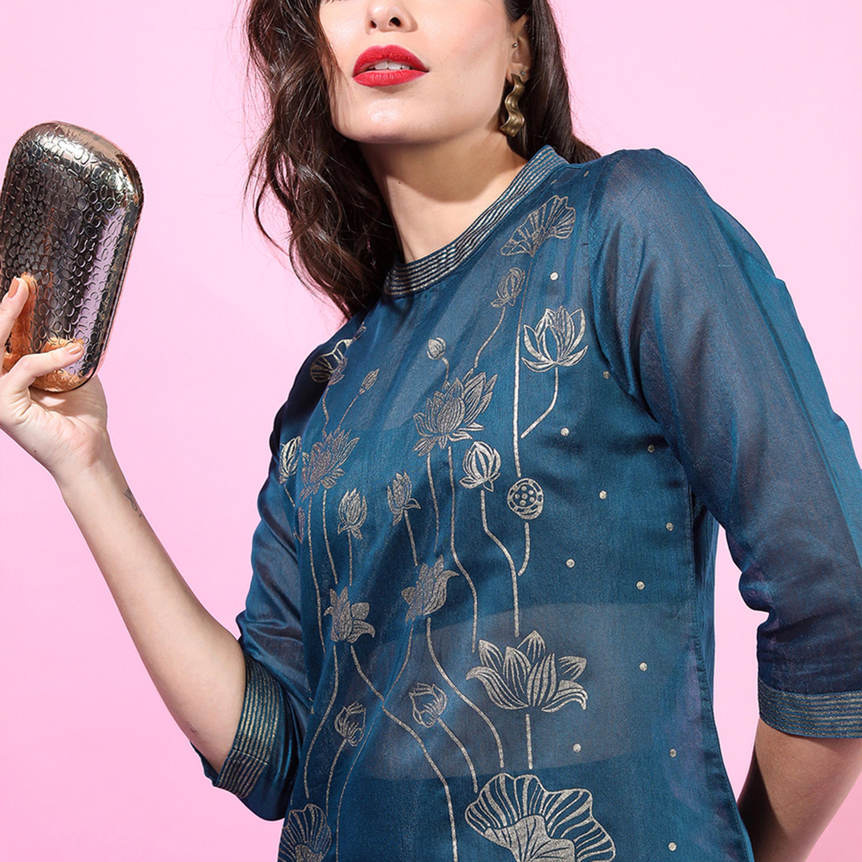 Vishudh X Styli Women Teal Floral Printed Kurta with inner & Dupatta-women-clothing-ethnicwear-sareesets-image-2