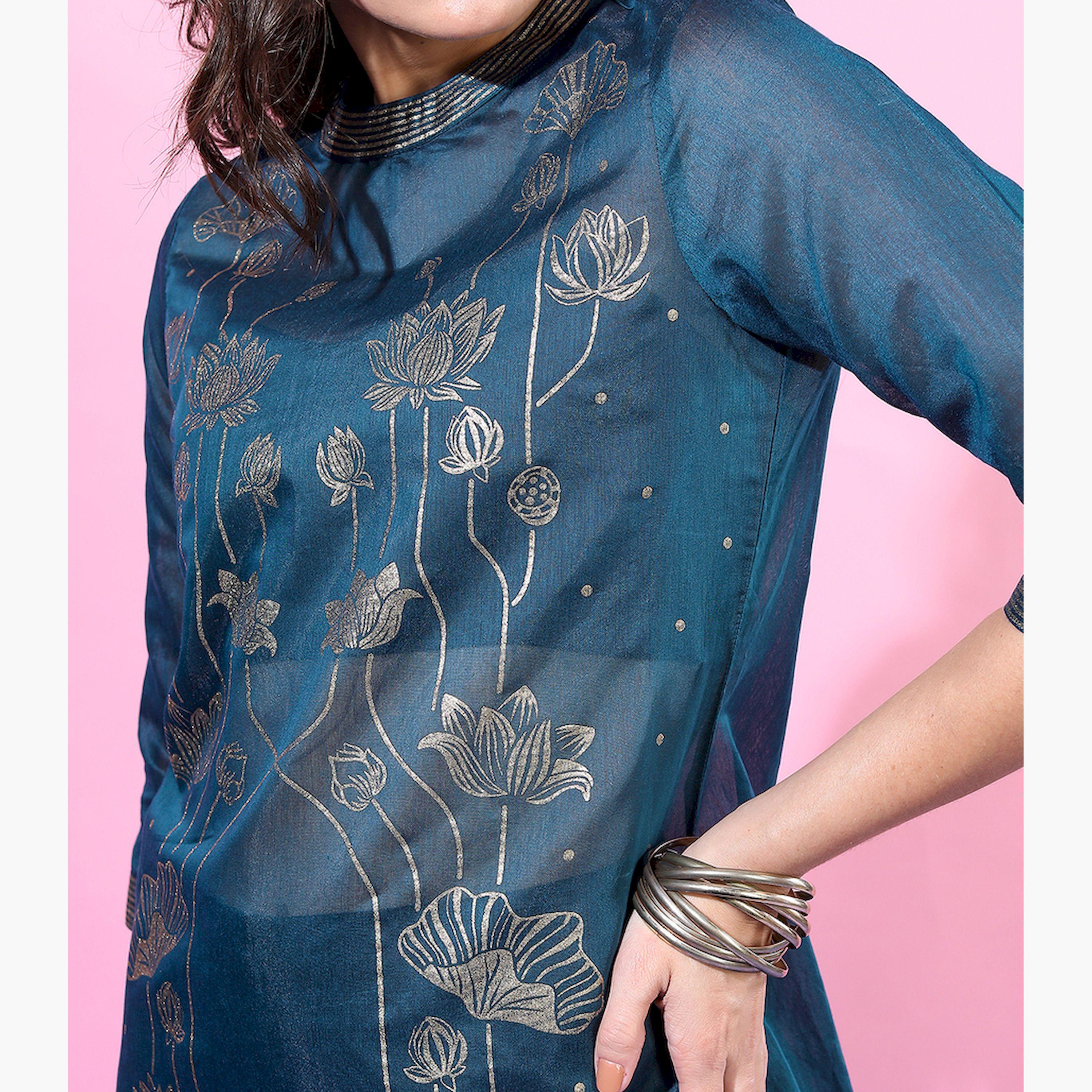 Vishudh X Styli Women Teal Floral Printed Kurta with inner & Dupatta-women-clothing-ethnicwear-sareesets-image-4