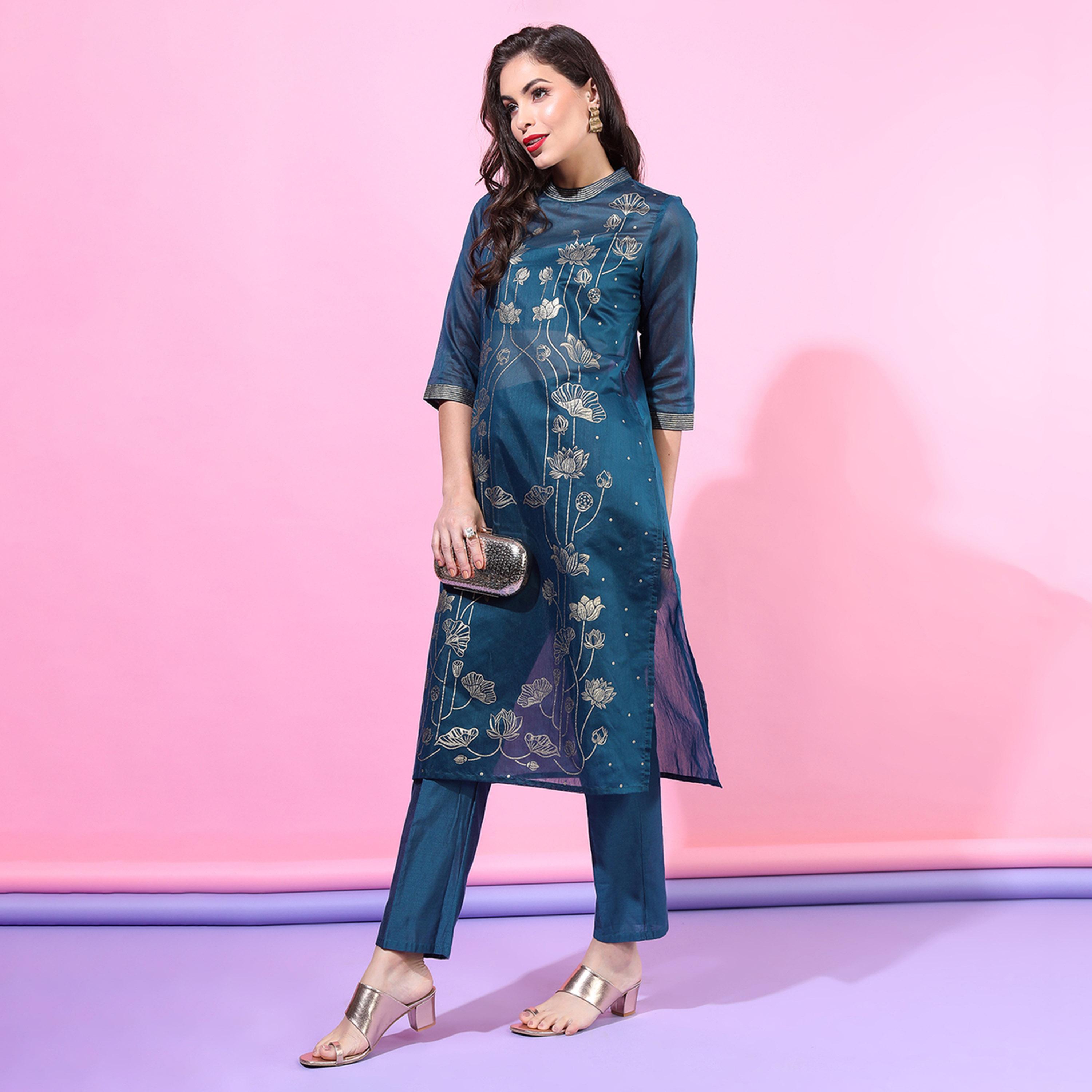 Vishudh X Styli Women Teal Floral Printed Kurta with inner & Dupatta-women-clothing-ethnicwear-sareesets-image-5