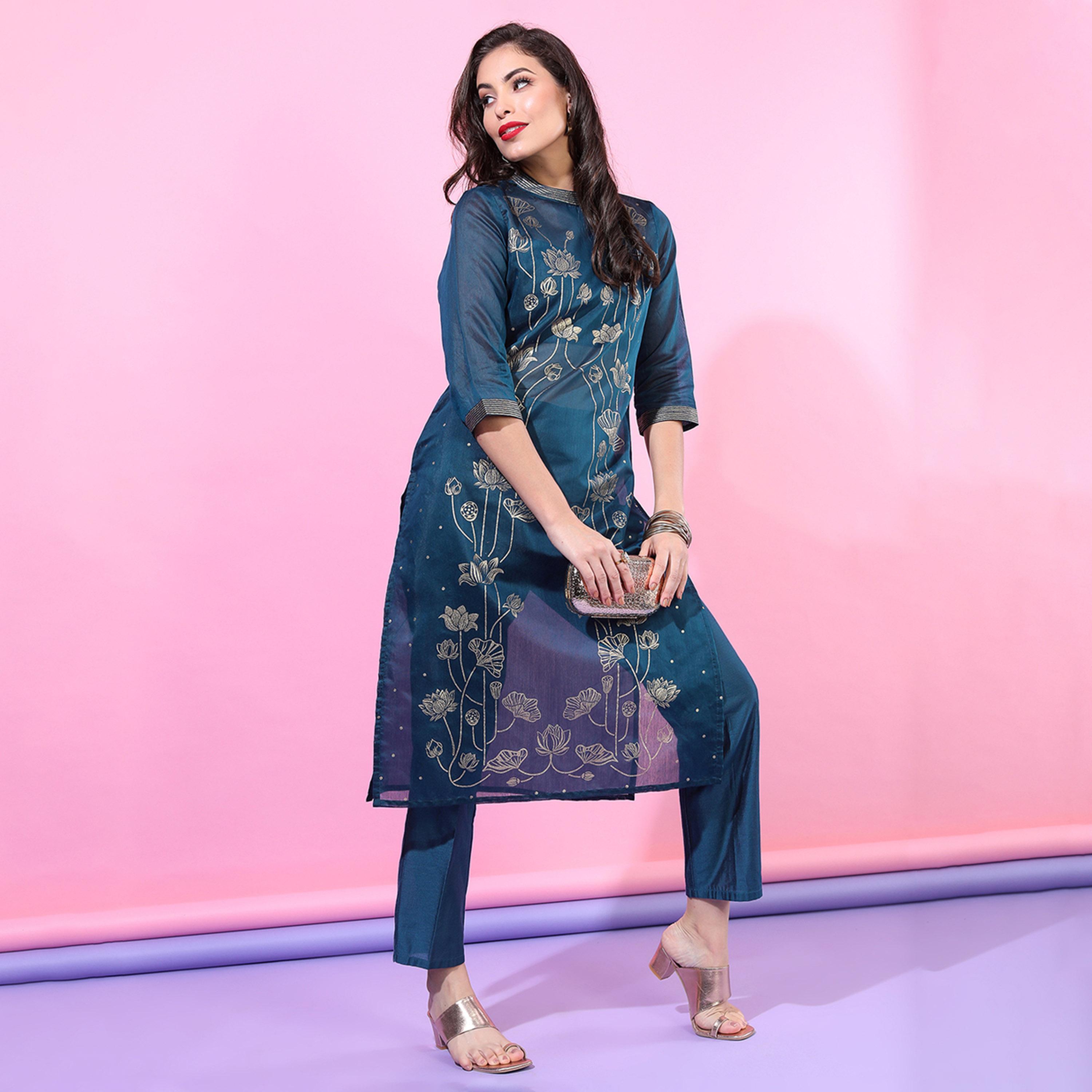 فيشود × ستايلي - كورتا نسائية مطبوعة بالورود مع قطعة داخلية ووشاح - أزرق مخضر-women-clothing-ethnicwear-sareesets-image-6