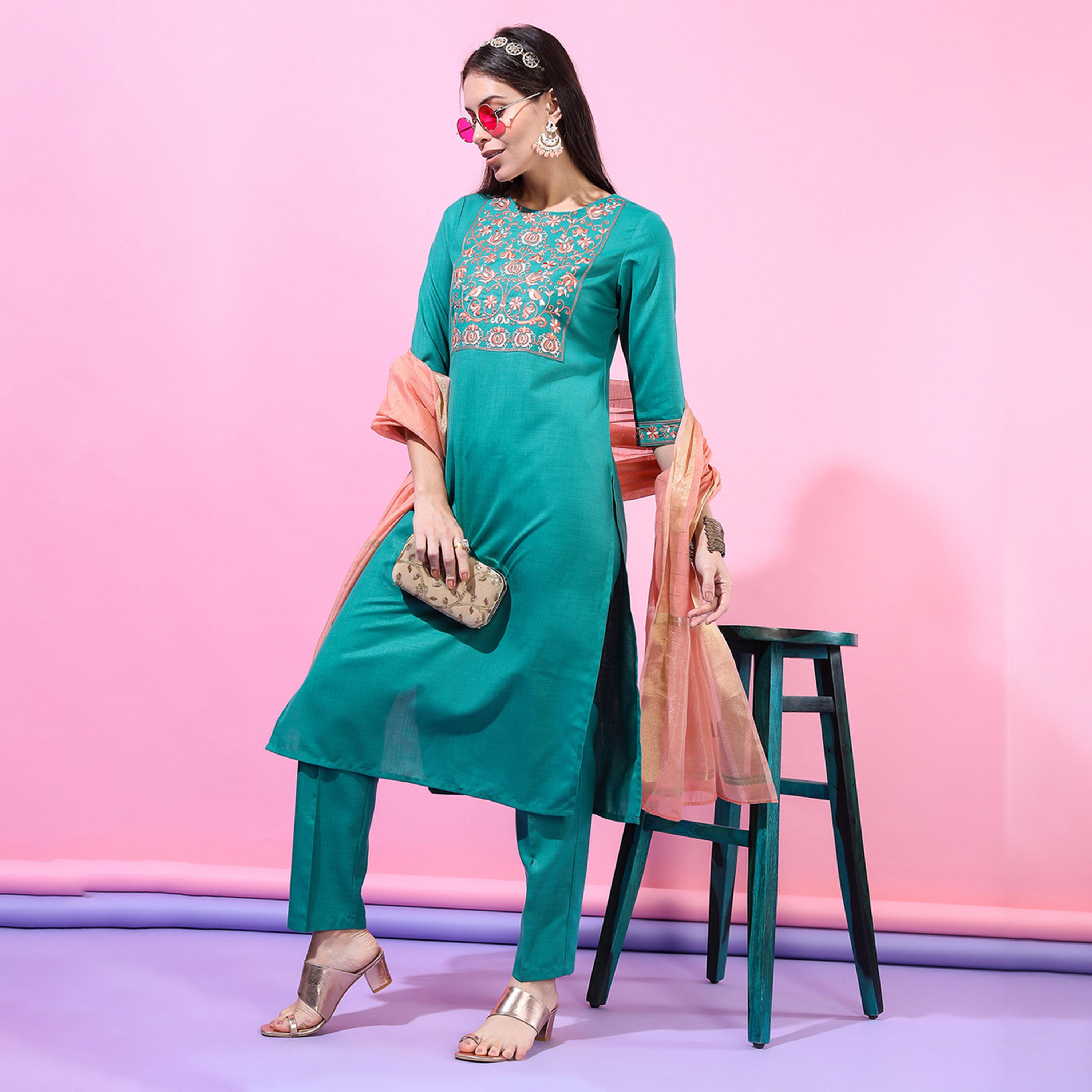 فيشود × ستايلي - كورتا نسائية مستقيمة مطرزة باللون الأخضر مع بنطال ووشاح-women-clothing-ethnicwear-sareesets-image-5