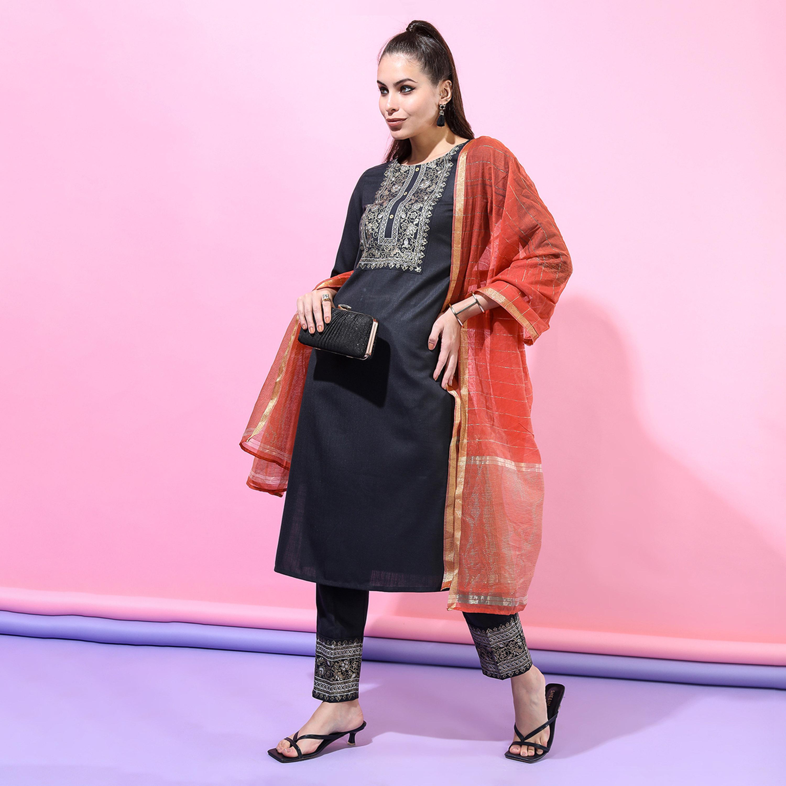 Vishudh X Styli Women Yoke Design Straight Kurta with Trousers & Dupatta-women-clothing-ethnicwear-sareesets-image-1