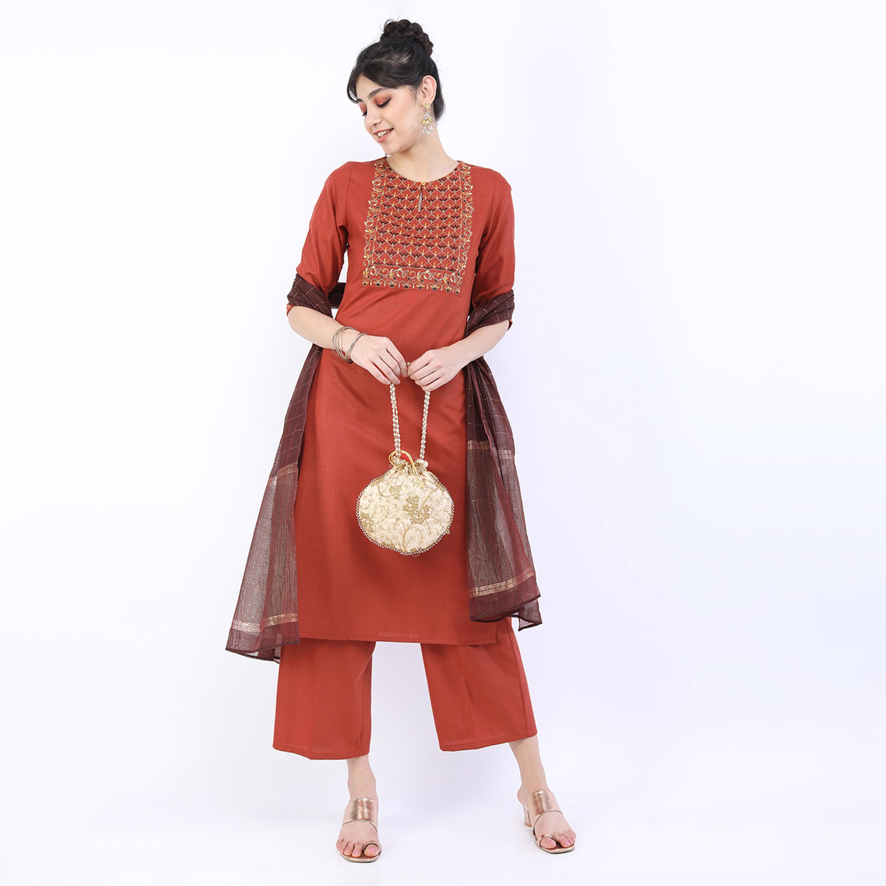 فيشود × ستايلي - كورتا نسائية موردة مع بنطال بالازو ووشاح دوباتا - لون الصدأ-women-clothing-ethnicwear-sareesets-image-1