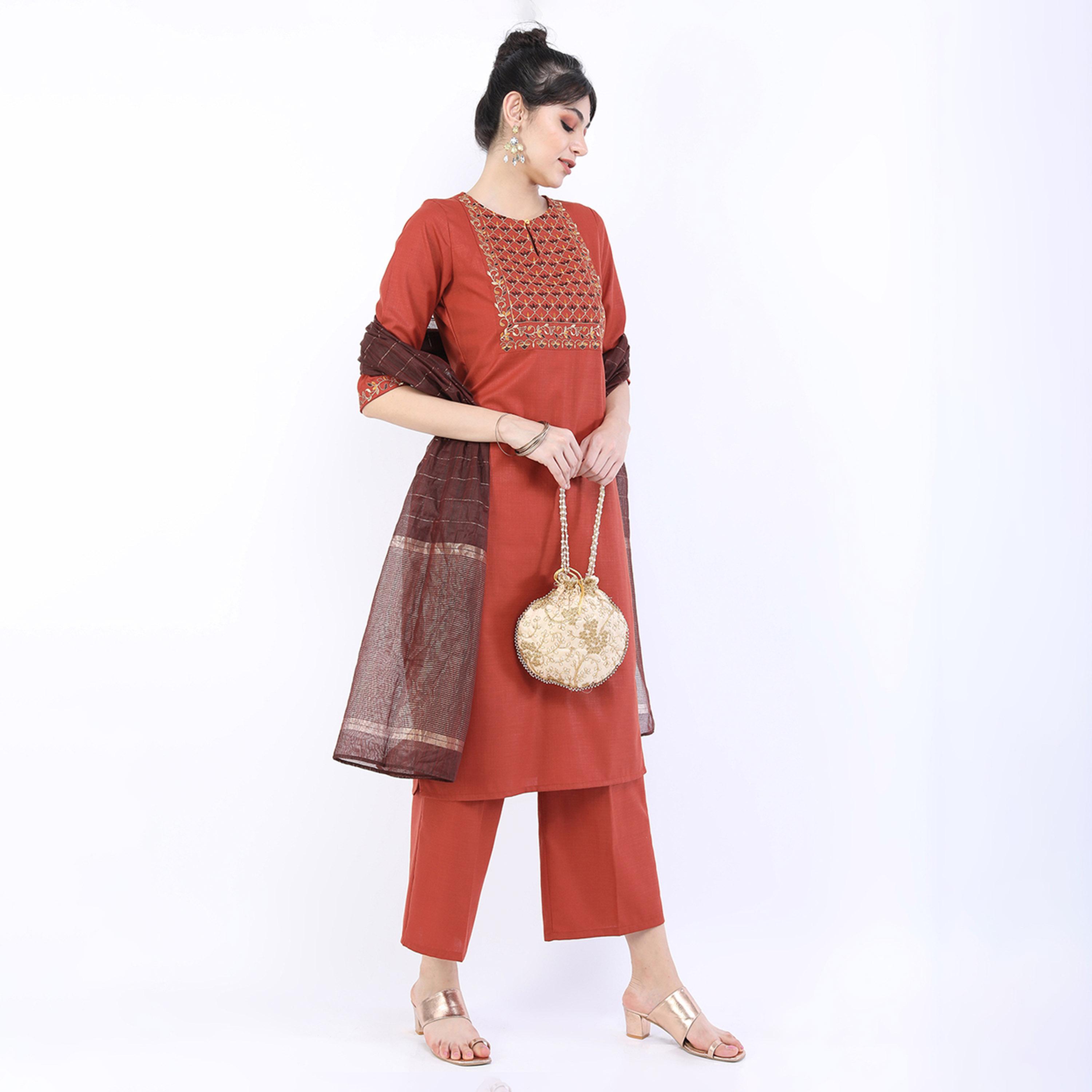 فيشود × ستايلي - كورتا نسائية موردة مع بنطال بالازو ووشاح دوباتا - لون الصدأ-women-clothing-ethnicwear-sareesets-image-5