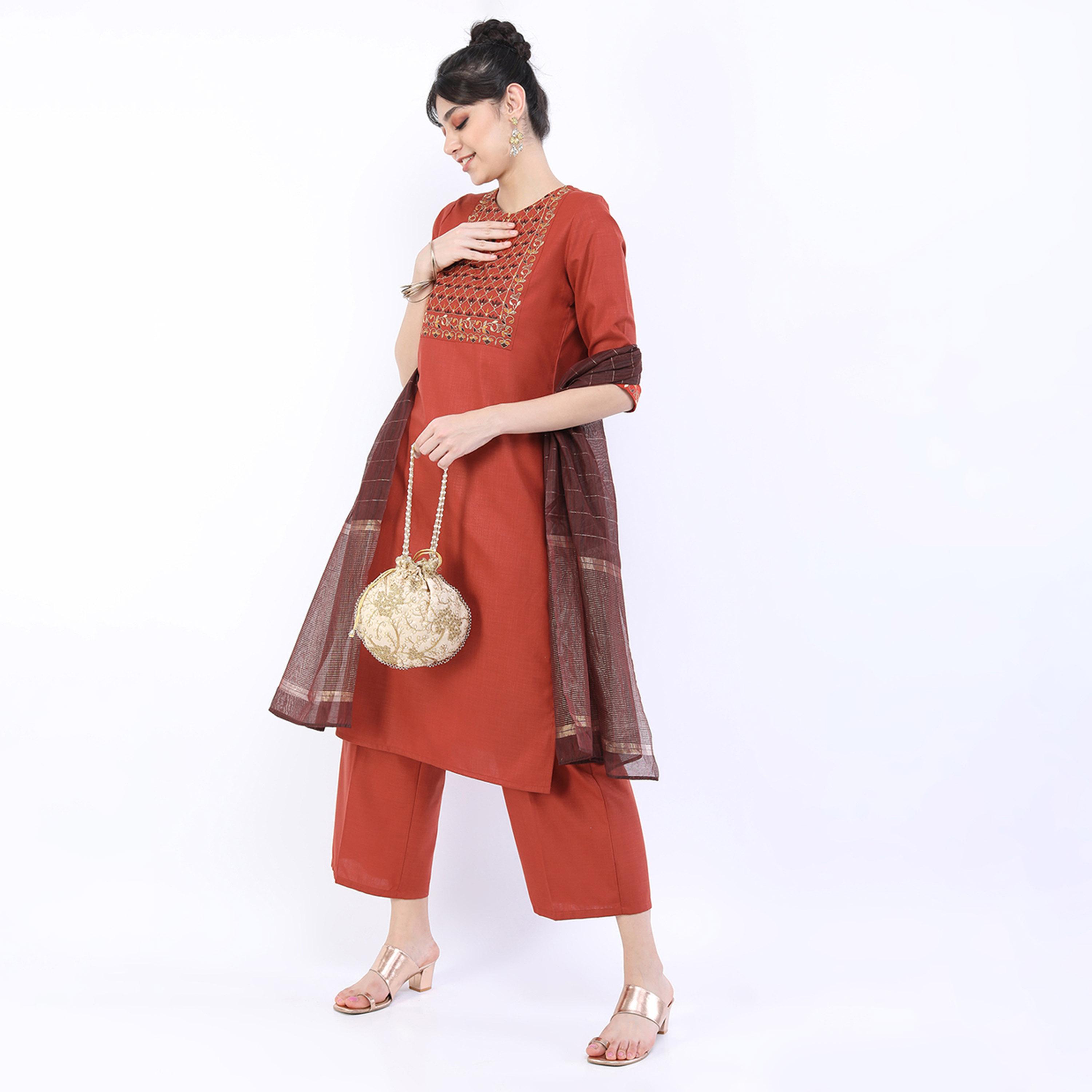 فيشود × ستايلي - كورتا نسائية موردة مع بنطال بالازو ووشاح دوباتا - لون الصدأ-women-clothing-ethnicwear-sareesets-image-6