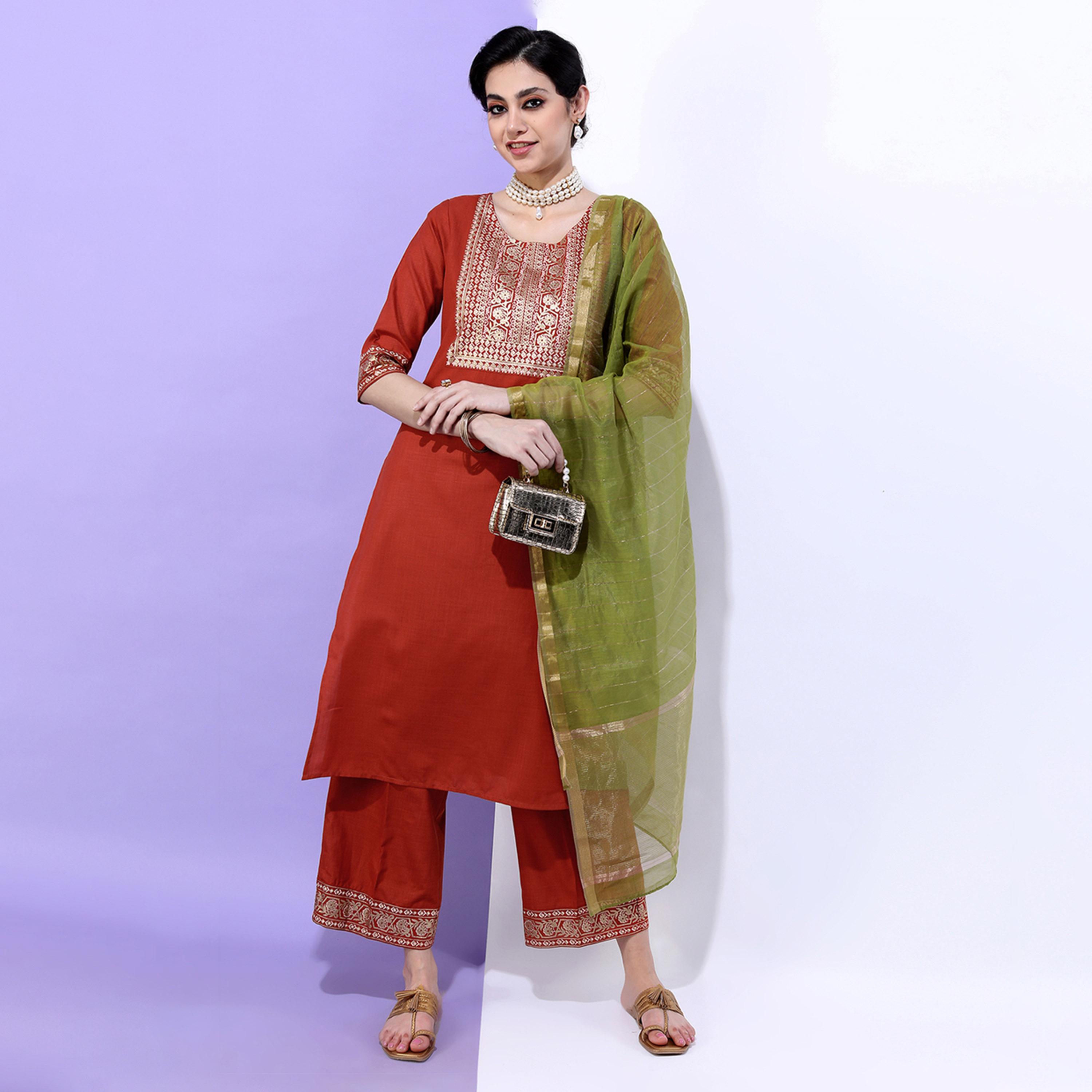 فيشود × ستايلي - كورتا مستقيمة بياقة مزينة للنساء مع بنطال ووشاح - أخضر وصدأ-women-clothing-ethnicwear-sareesets-image-1