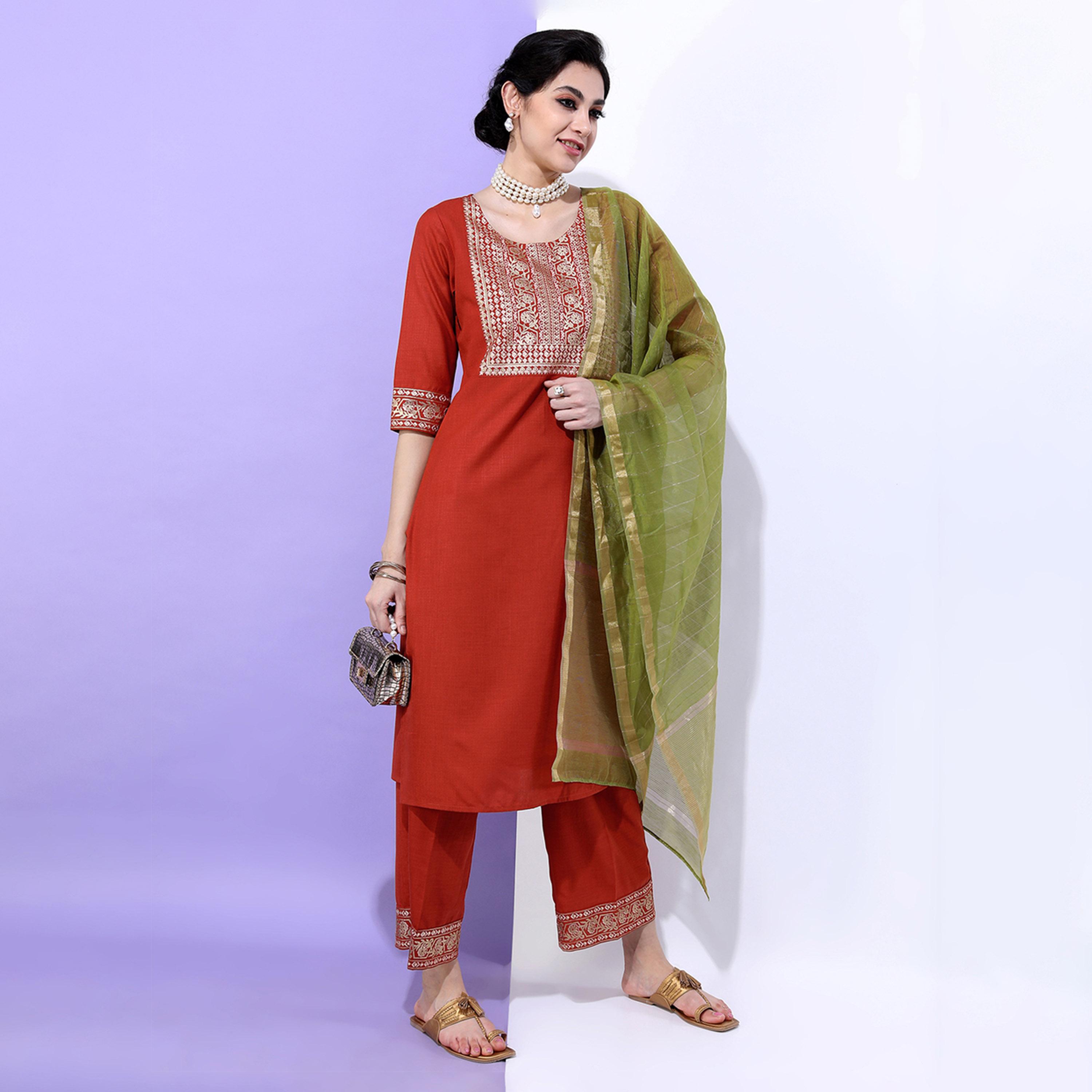 فيشود × ستايلي - كورتا مستقيمة بياقة مزينة للنساء مع بنطال ووشاح - أخضر وصدأ-women-clothing-ethnicwear-sareesets-image-2