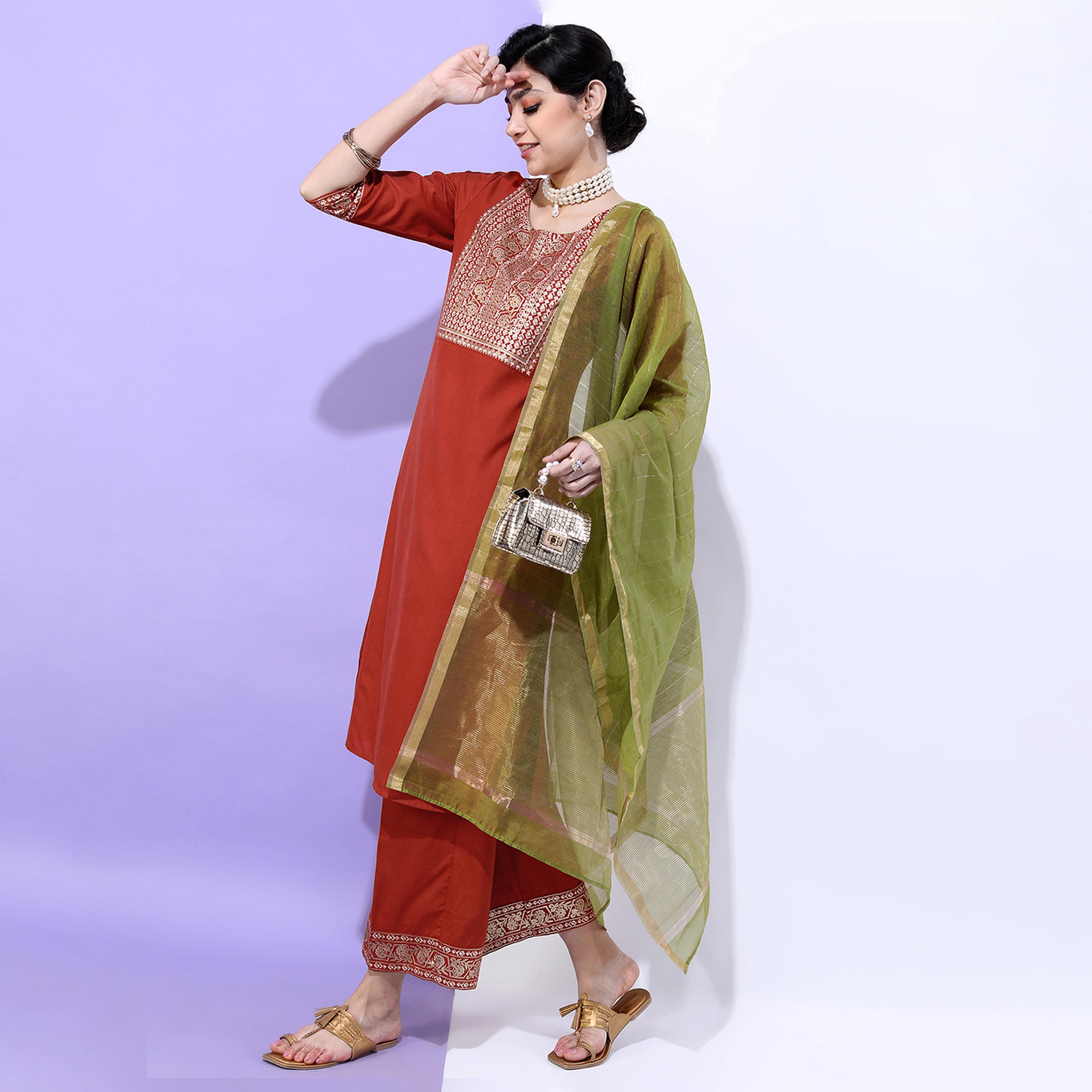 فيشود × ستايلي - كورتا مستقيمة بياقة مزينة للنساء مع بنطال ووشاح - أخضر وصدأ-women-clothing-ethnicwear-sareesets-image-5