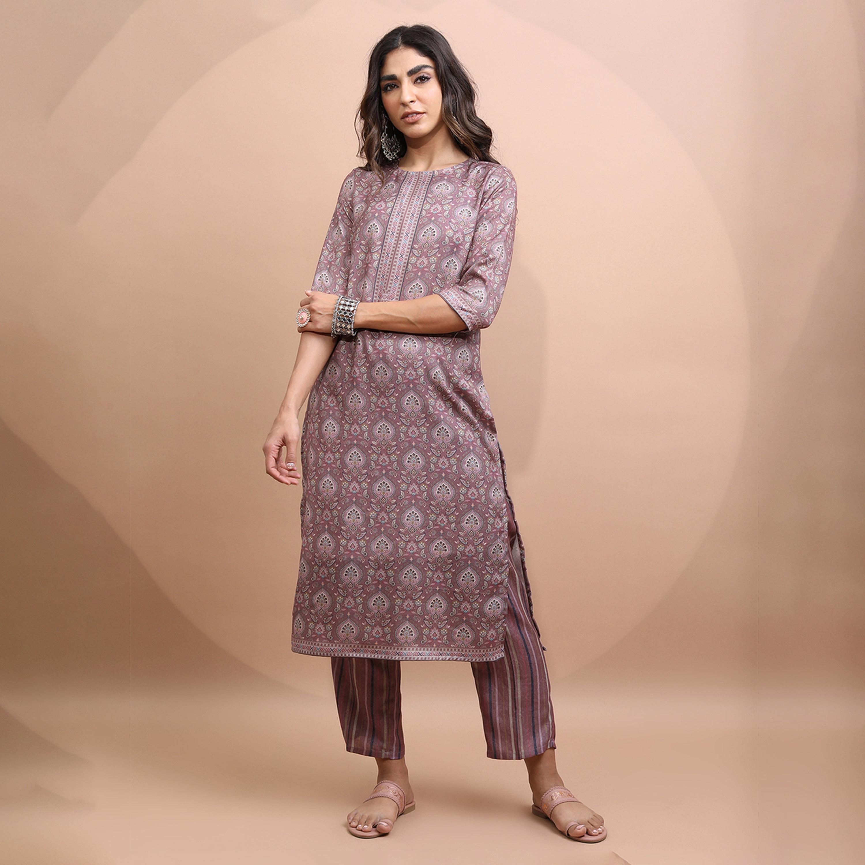 Vishudh X Styli Ethnic Motifs Printed Faux Pashmina Kurta with Trousers-women-clothing-ethnicwear-kurtasets-image-1