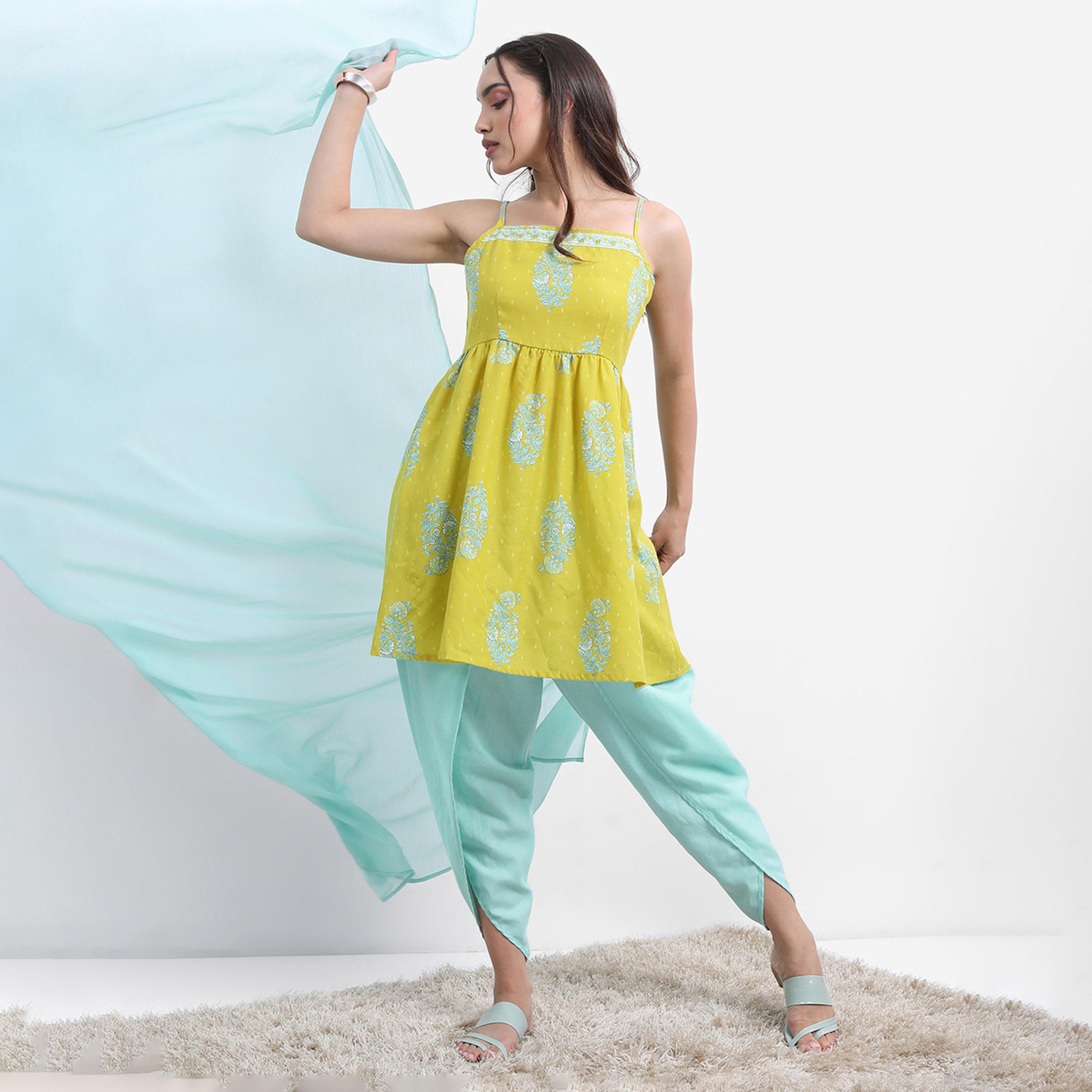 فيشود × ستايلي - كورتا بطبعة زهور مع بنطال دوتي ووشاح دوباتا - أخضر ليموني-women-clothing-ethnicwear-sareesets-image-1