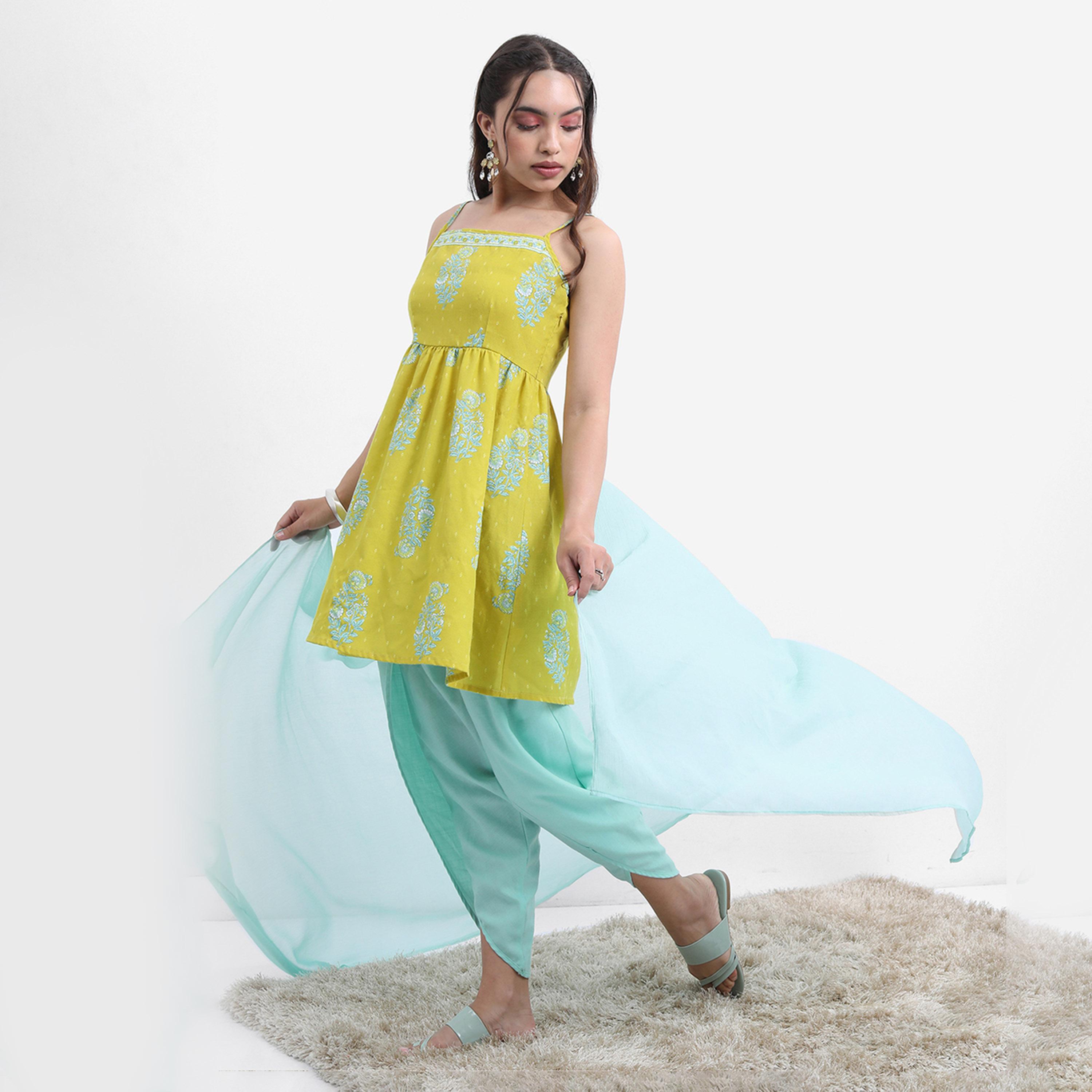فيشود × ستايلي - كورتا بطبعة زهور مع بنطال دوتي ووشاح دوباتا - أخضر ليموني-women-clothing-ethnicwear-sareesets-image-2