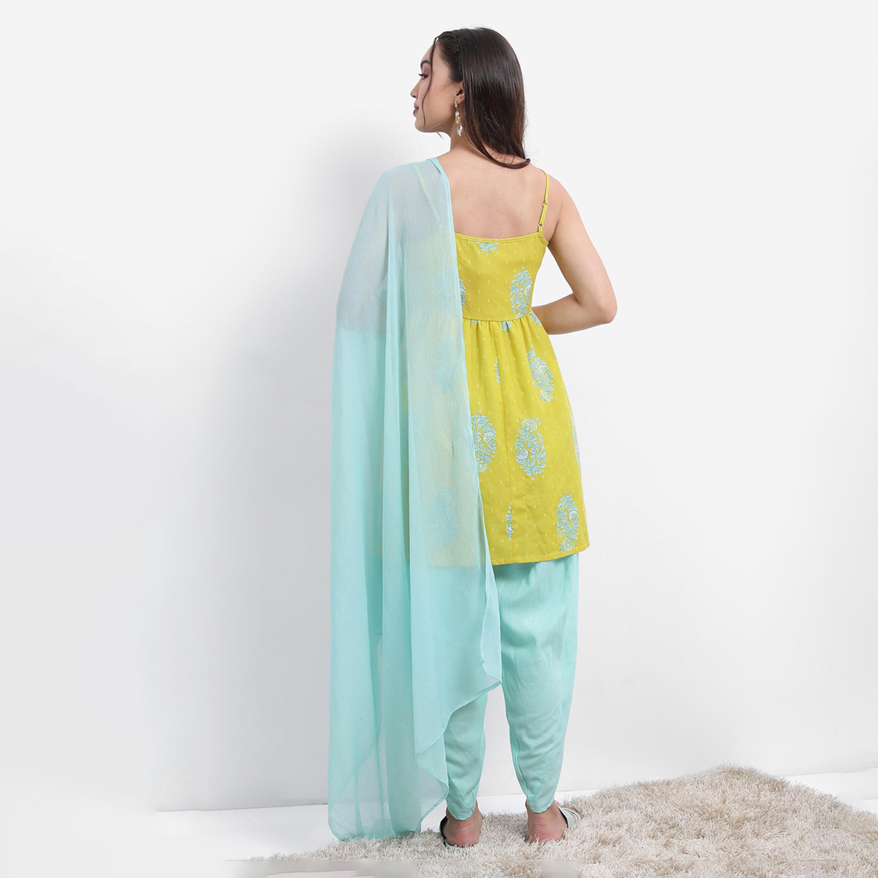 فيشود × ستايلي - كورتا بطبعة زهور مع بنطال دوتي ووشاح دوباتا - أخضر ليموني-women-clothing-ethnicwear-sareesets-image-3