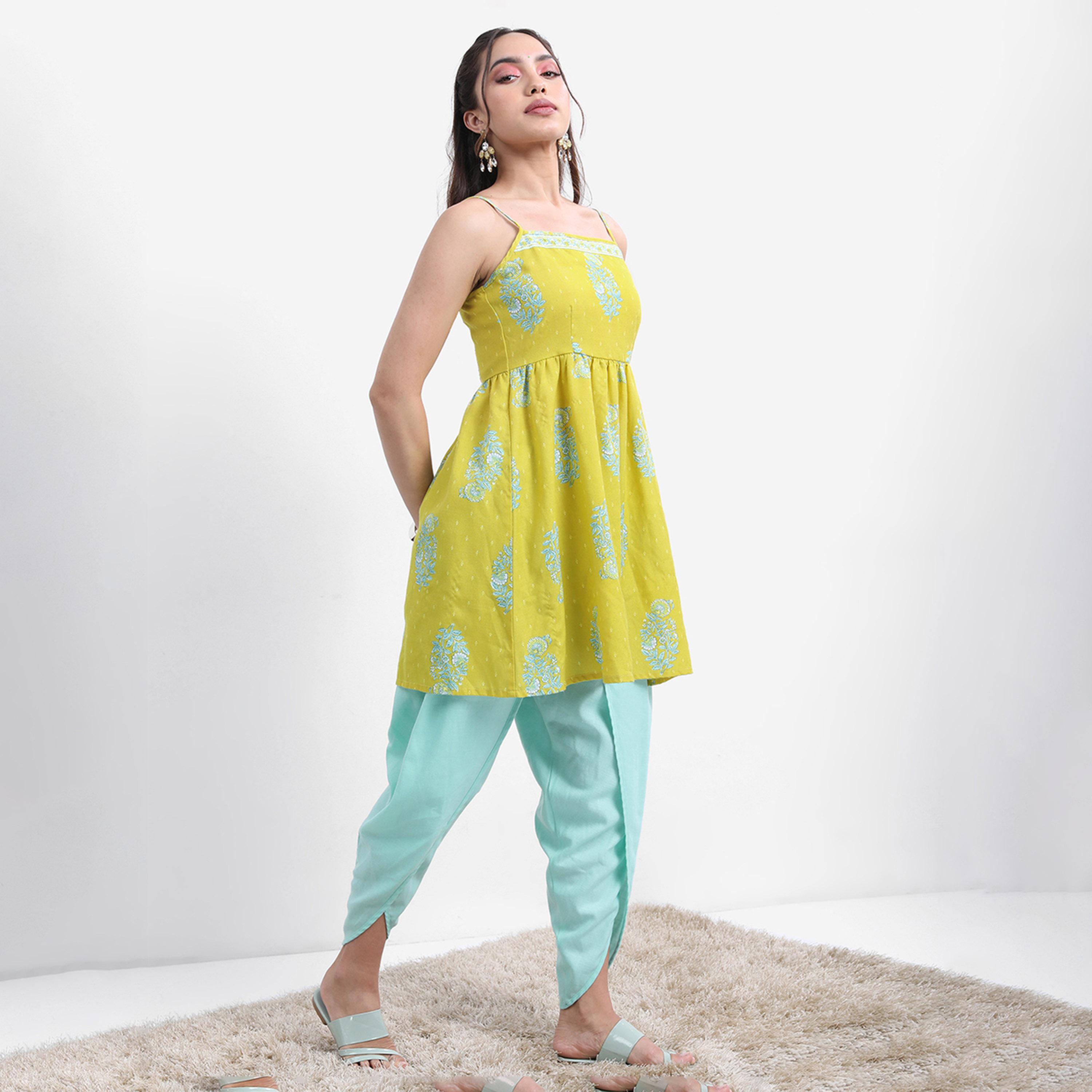 فيشود × ستايلي - كورتا بطبعة زهور مع بنطال دوتي ووشاح دوباتا - أخضر ليموني-women-clothing-ethnicwear-sareesets-image-4
