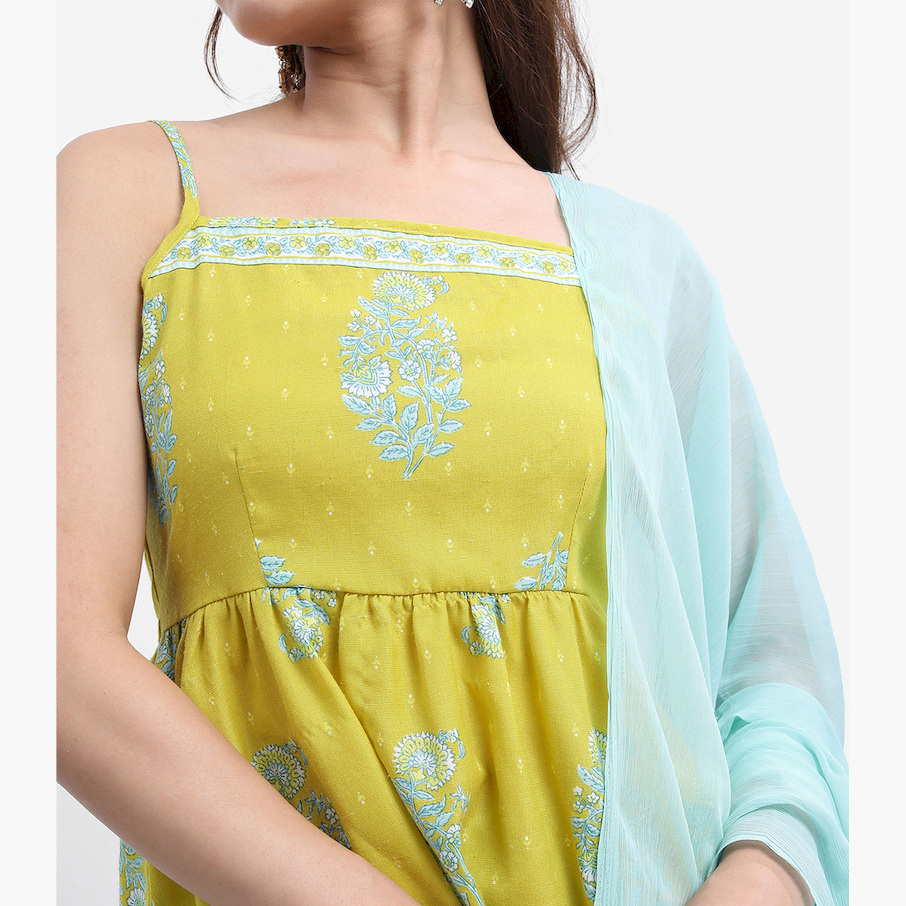 فيشود × ستايلي - كورتا بطبعة زهور مع بنطال دوتي ووشاح دوباتا - أخضر ليموني-women-clothing-ethnicwear-sareesets-image-5