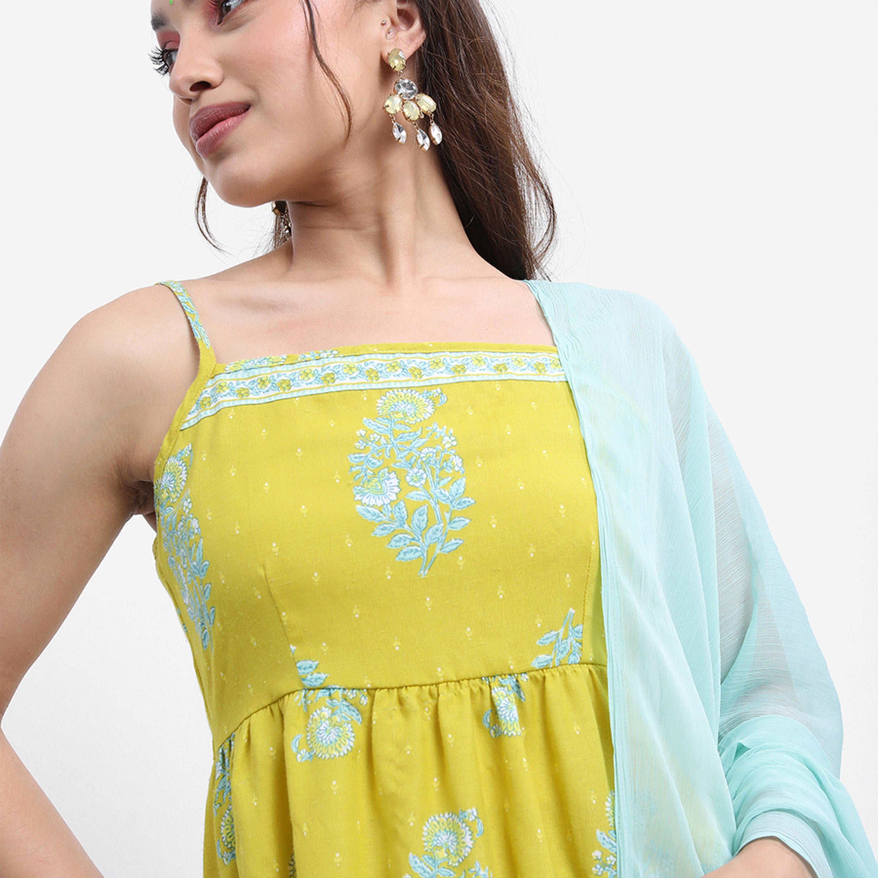 فيشود × ستايلي - كورتا بطبعة زهور مع بنطال دوتي ووشاح دوباتا - أخضر ليموني-women-clothing-ethnicwear-sareesets-image-8