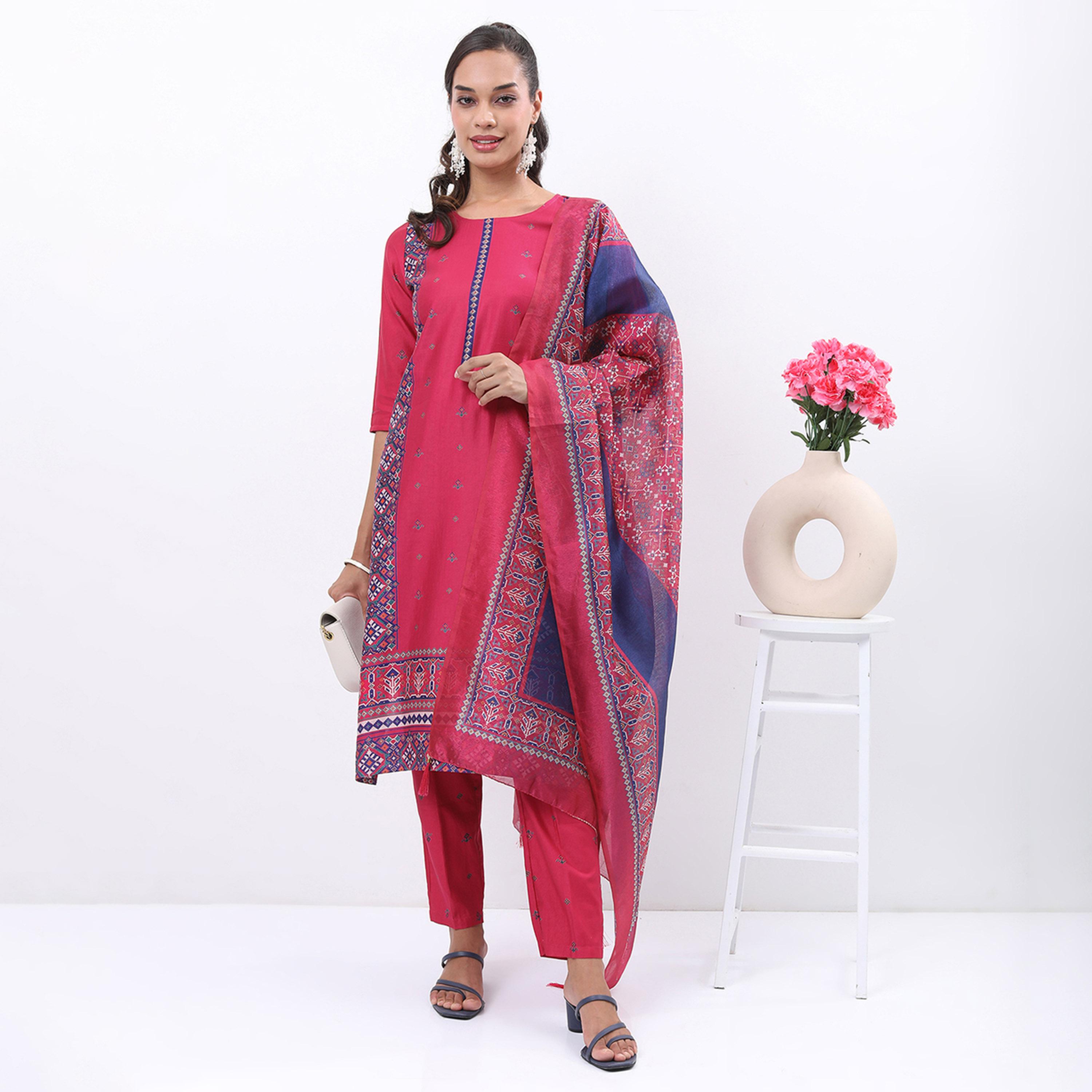 Vishudh X Styli Pink Blue Ethnic Motifs Printed Straight Kurta with Trousers With Dupatta-women-clothing-ethnicwear-sareesets-image-1