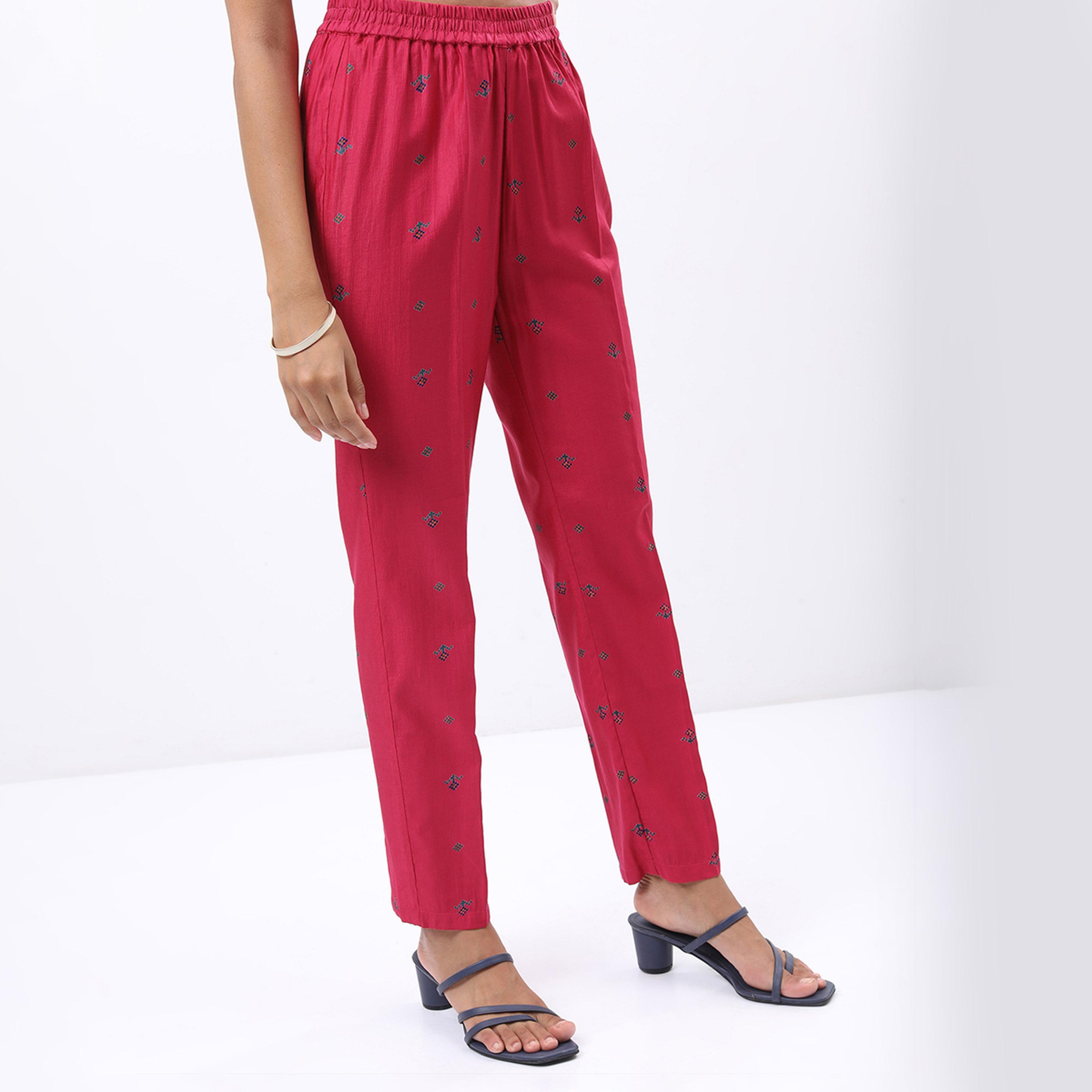 فيشود × ستايلي - كورتا مستقيمة مطبوعة بنقشات عرقية مع بنطال ووشاح - وردي وأزرق-women-clothing-ethnicwear-sareesets-image-7