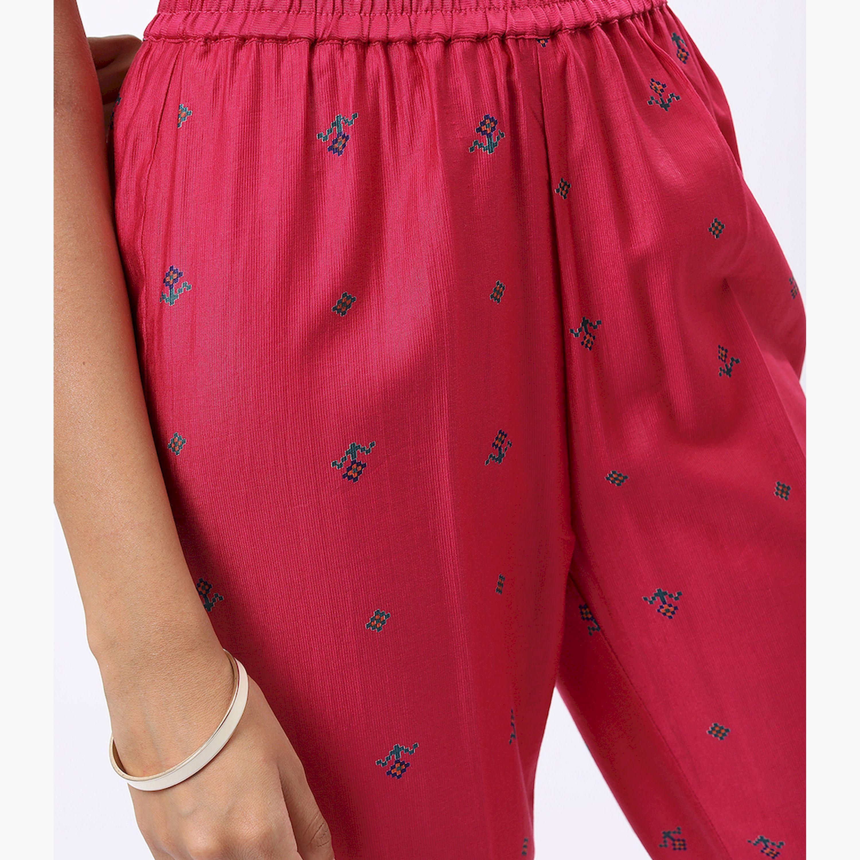 Vishudh X Styli Pink Blue Ethnic Motifs Printed Straight Kurta with Trousers With Dupatta-women-clothing-ethnicwear-sareesets-image-8