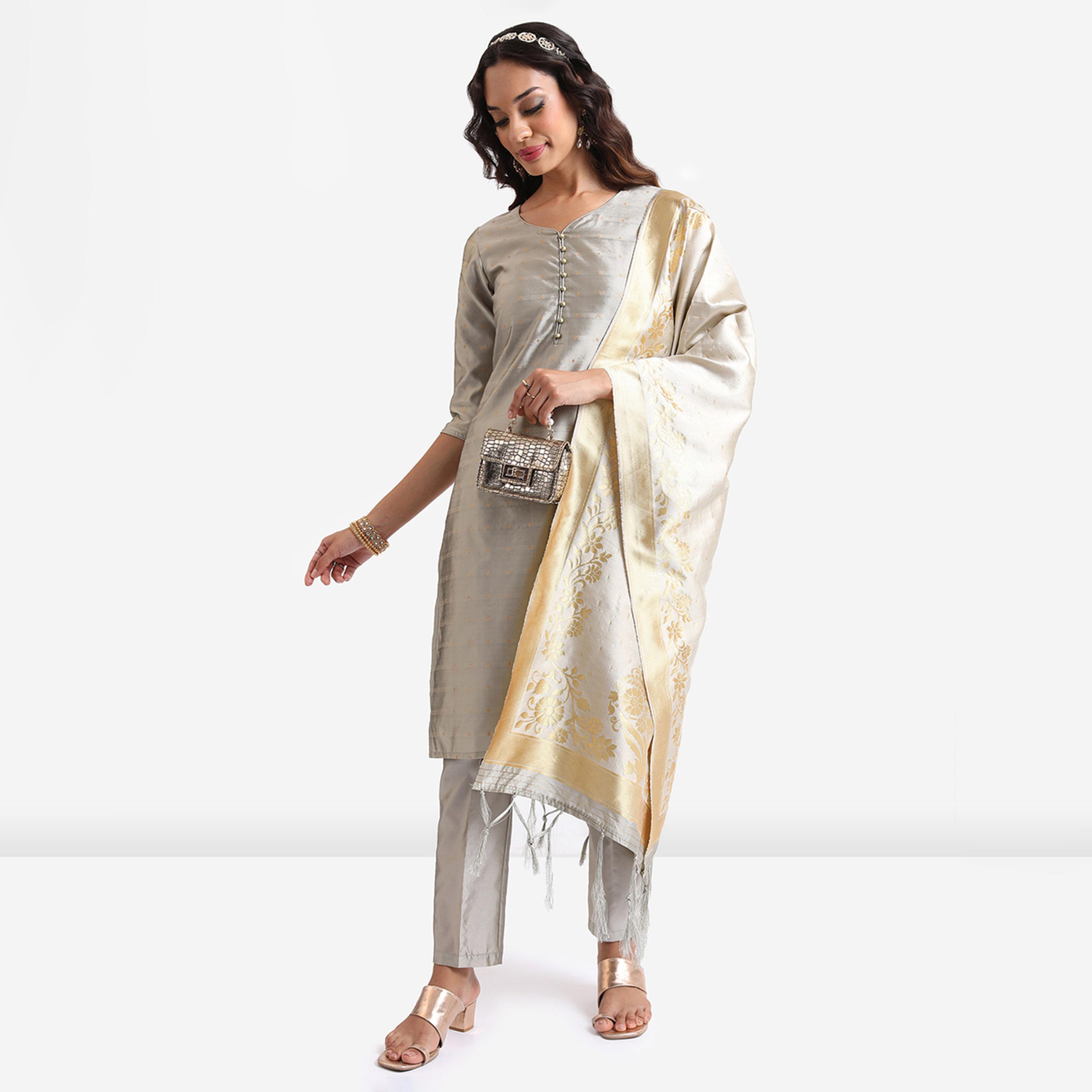 فيشود × ستايلي - كورتا منسوج بتصميم هندسي مع بنطال ووشاح-women-clothing-ethnicwear-sareesets-image-1