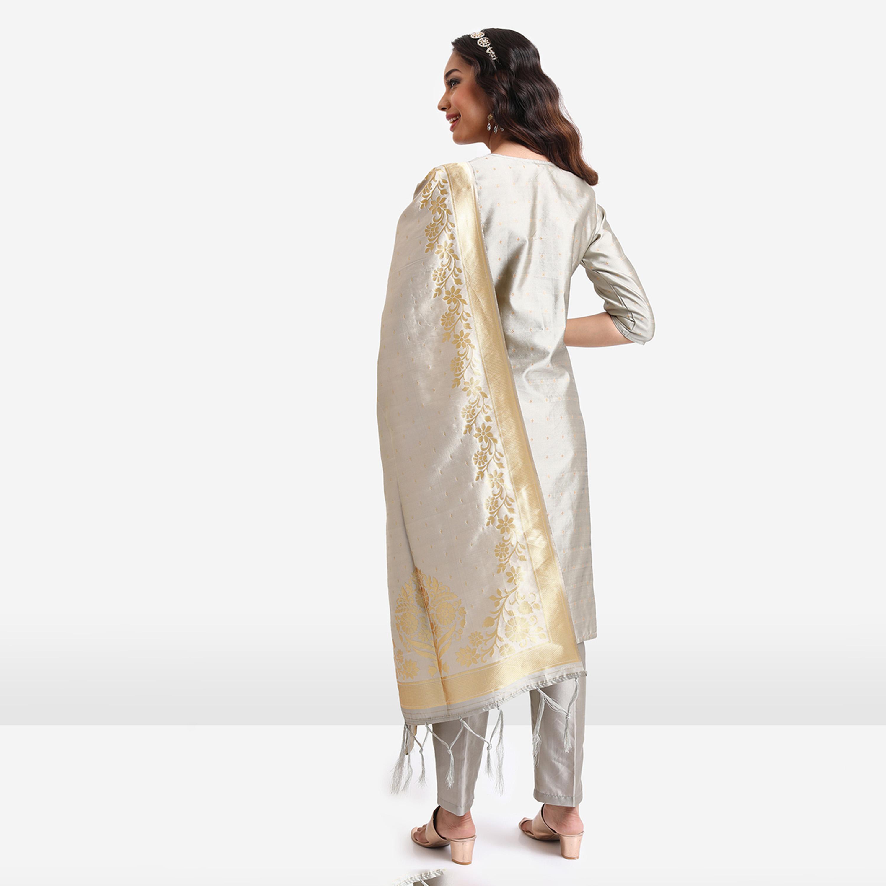 فيشود × ستايلي - كورتا منسوج بتصميم هندسي مع بنطال ووشاح-women-clothing-ethnicwear-sareesets-image-3
