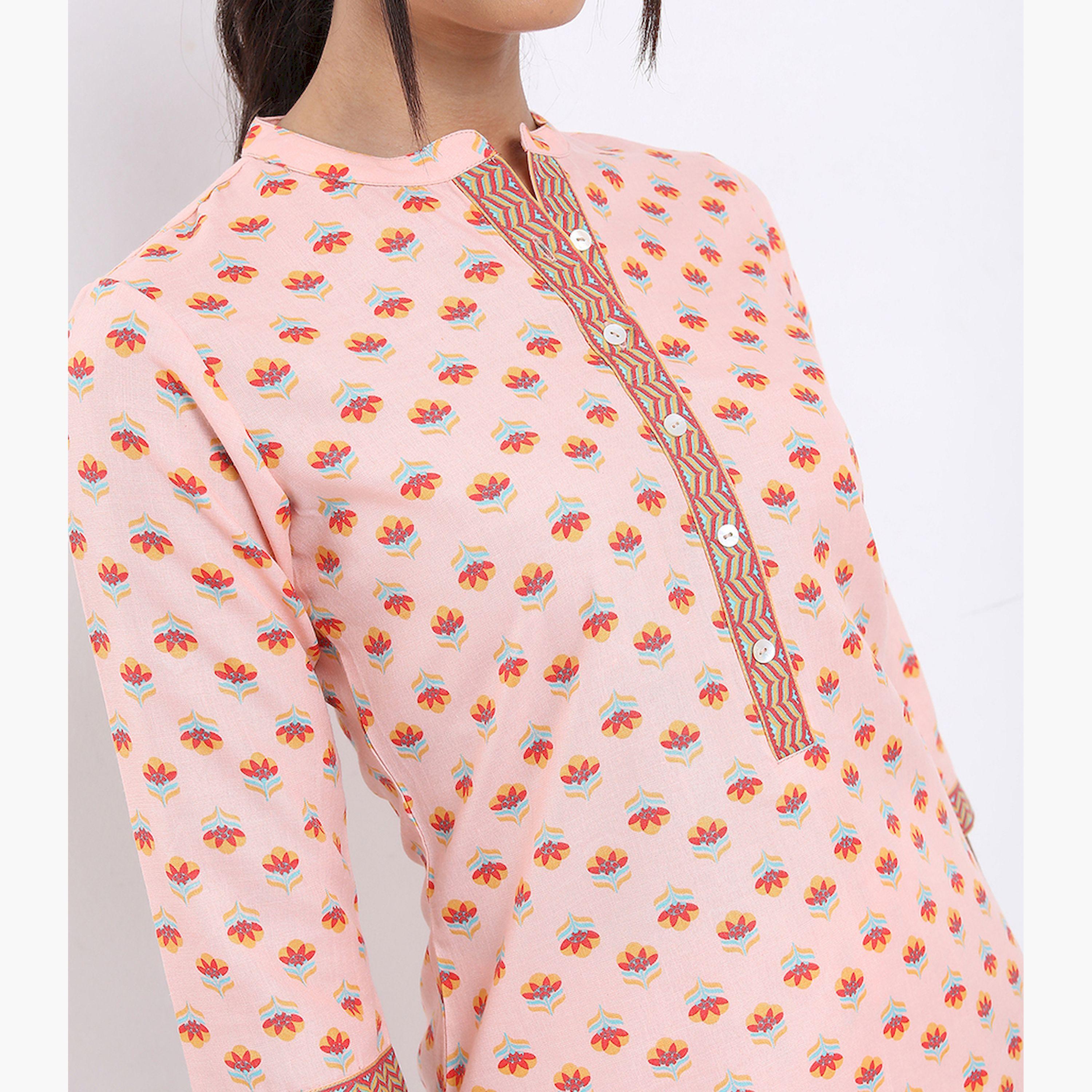 Vishudh X Styli Peach-Coloured Floral Printed Band Collar Top with Trousers-women-clothing-ethnicwear-kurtasets-image-4