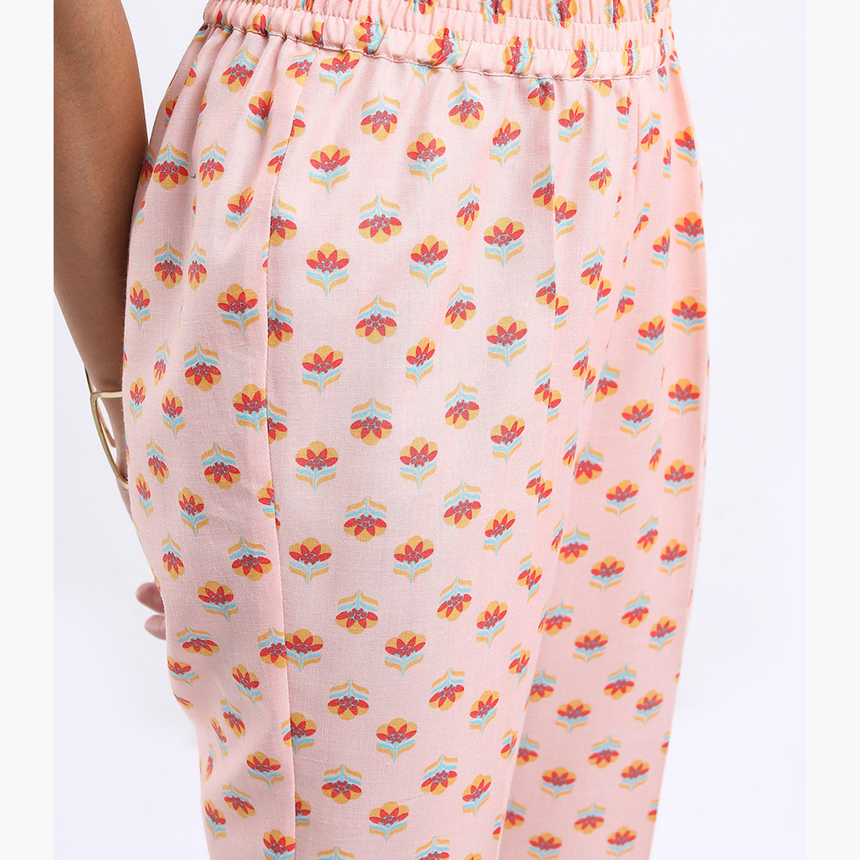 Vishudh X Styli Peach-Coloured Floral Printed Band Collar Top with Trousers-women-clothing-ethnicwear-kurtasets-image-6