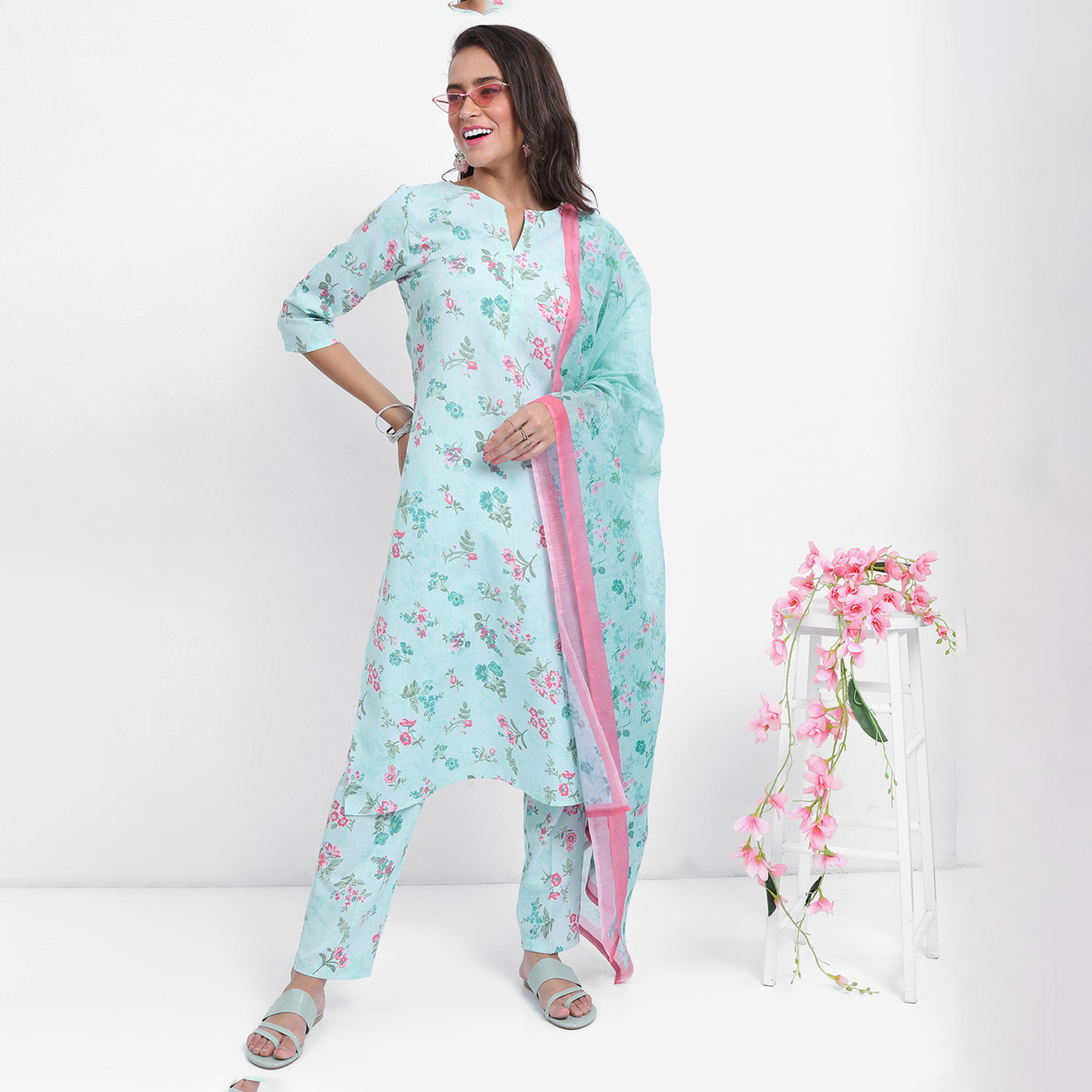 فيشود × ستايلي - كورتا بطبعة زهور مع بنطال ووشاح دوباتا - أزرق-women-clothing-ethnicwear-sareesets-image-1