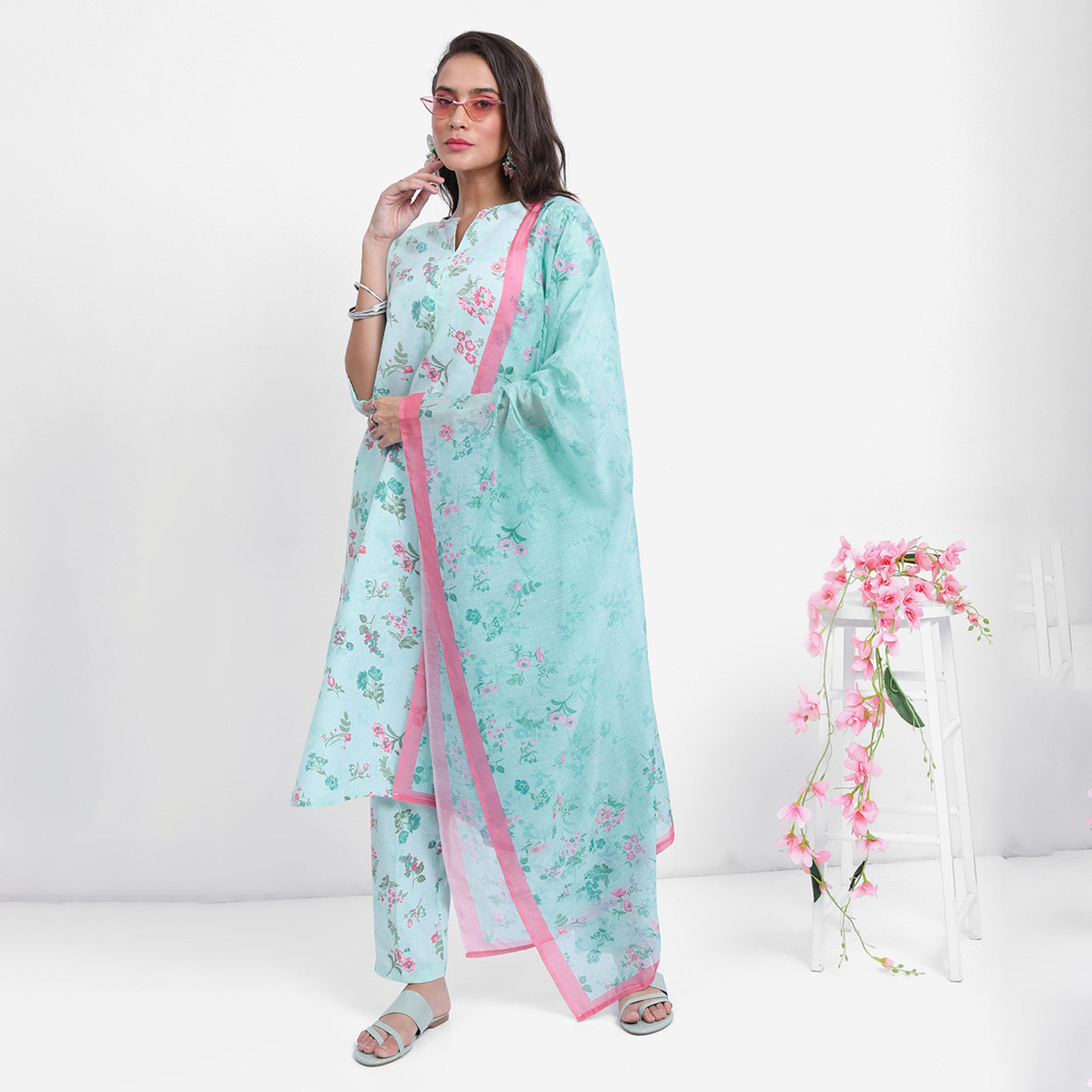 فيشود × ستايلي - كورتا بطبعة زهور مع بنطال ووشاح دوباتا - أزرق-women-clothing-ethnicwear-sareesets-image-2