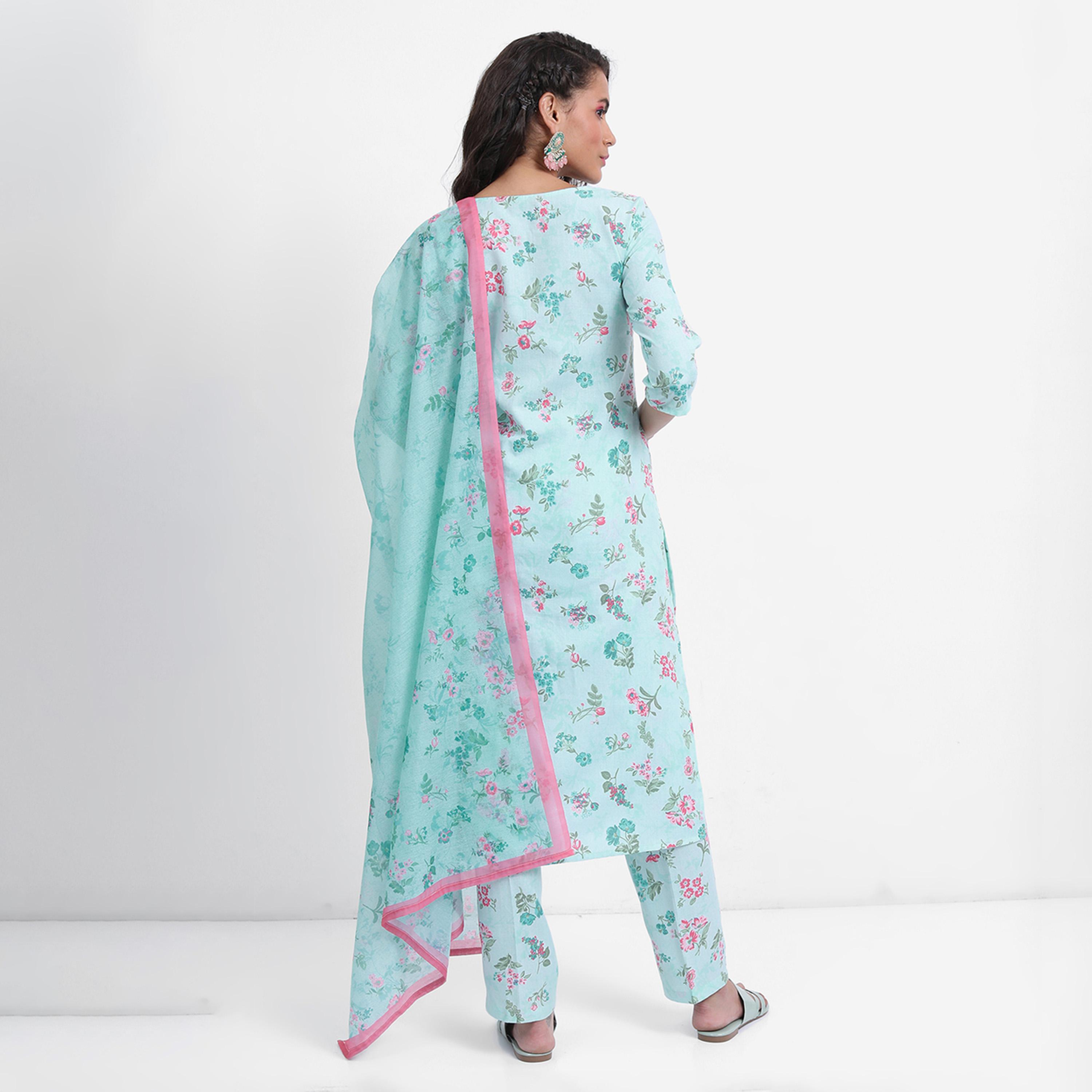 فيشود × ستايلي - كورتا بطبعة زهور مع بنطال ووشاح دوباتا - أزرق-women-clothing-ethnicwear-sareesets-image-3