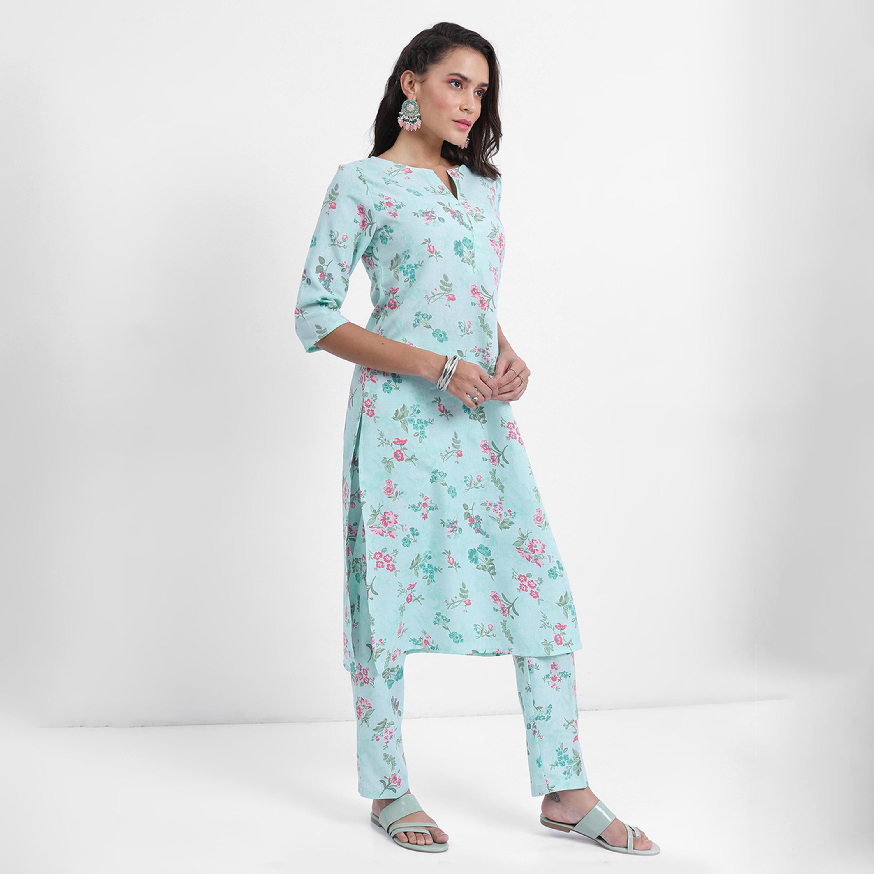 فيشود × ستايلي - كورتا بطبعة زهور مع بنطال ووشاح دوباتا - أزرق-women-clothing-ethnicwear-sareesets-image-4
