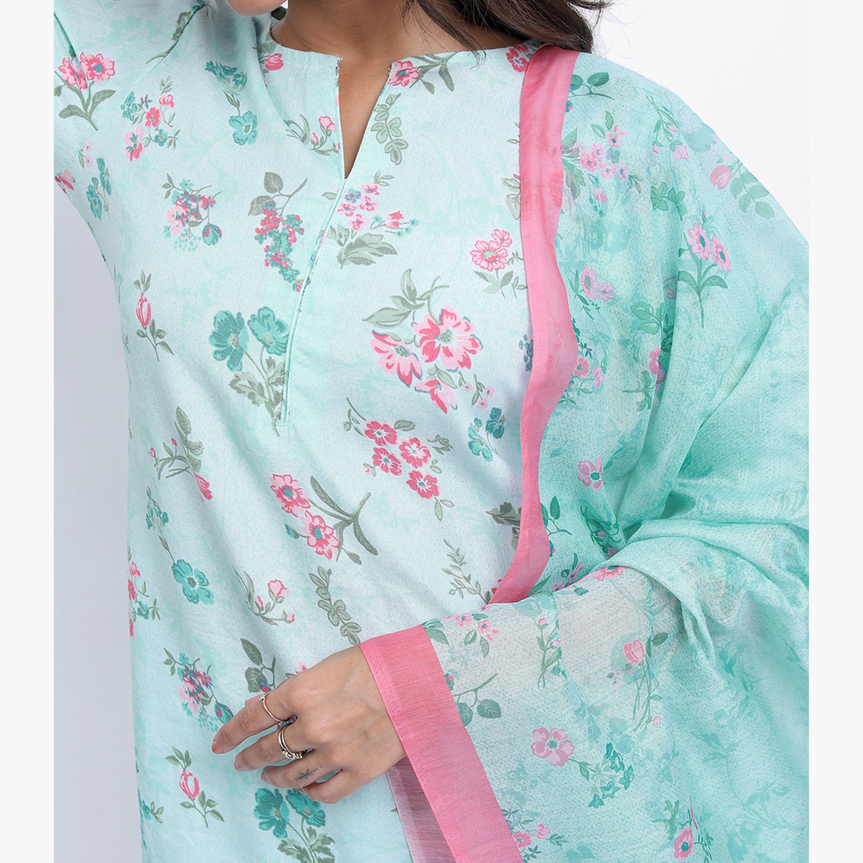 فيشود × ستايلي - كورتا بطبعة زهور مع بنطال ووشاح دوباتا - أزرق-women-clothing-ethnicwear-sareesets-image-5