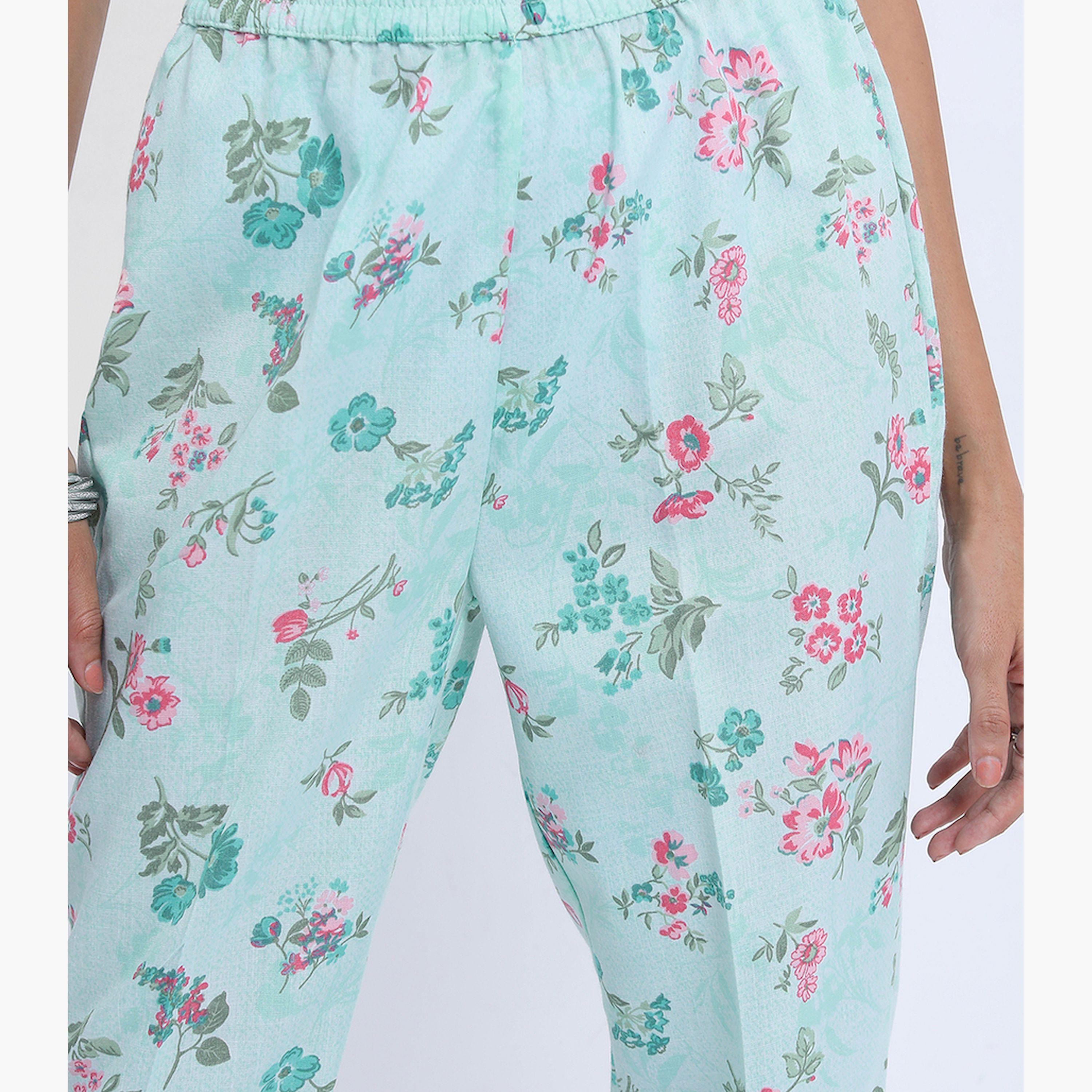 فيشود × ستايلي - كورتا بطبعة زهور مع بنطال ووشاح دوباتا - أزرق-women-clothing-ethnicwear-sareesets-image-6