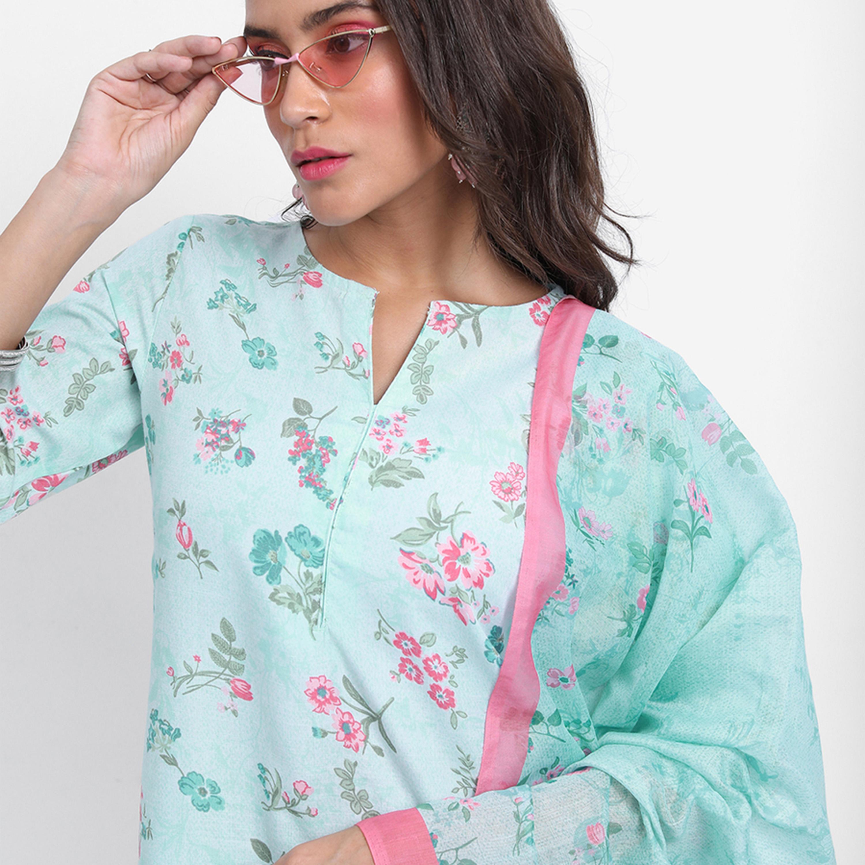 فيشود × ستايلي - كورتا بطبعة زهور مع بنطال ووشاح دوباتا - أزرق-women-clothing-ethnicwear-sareesets-image-8